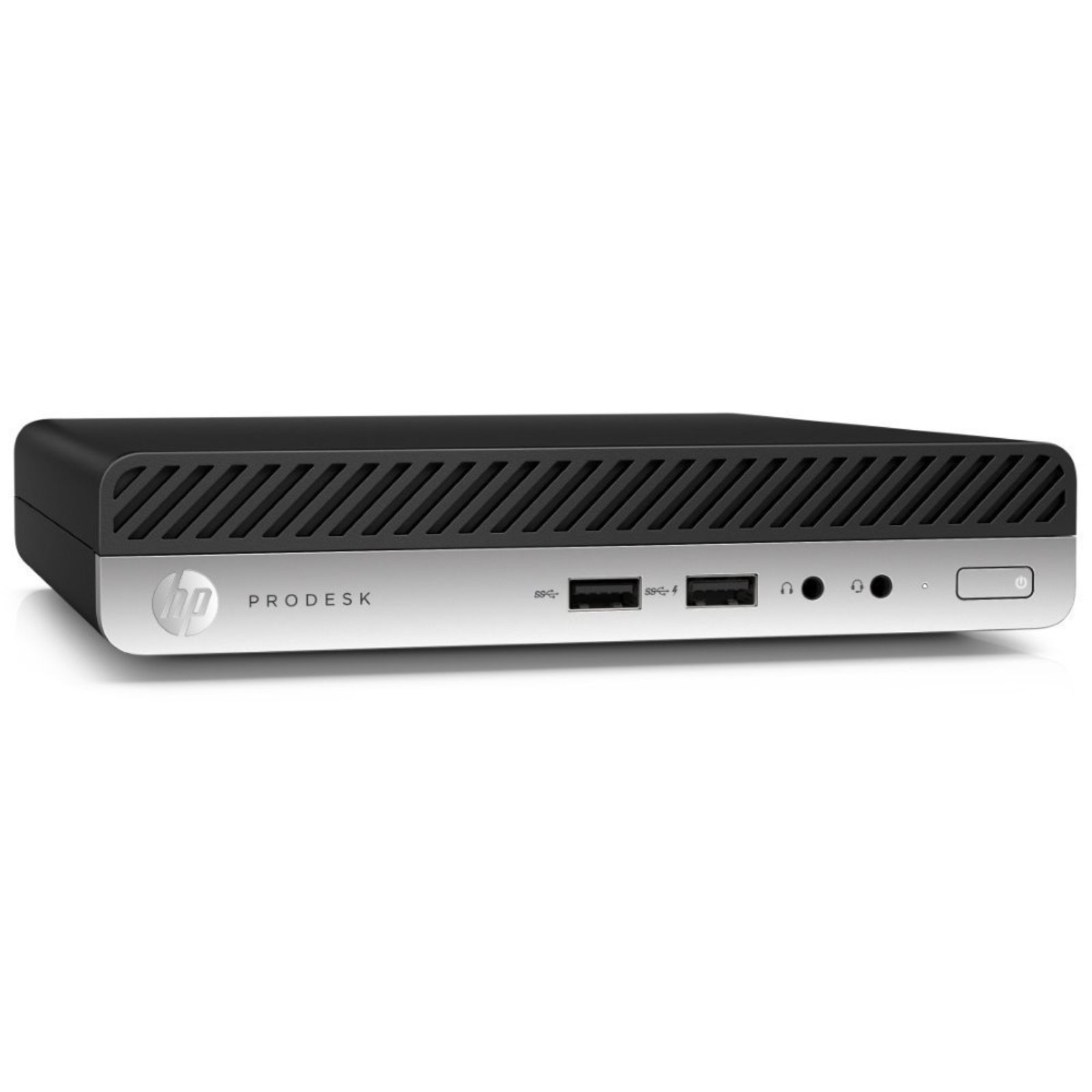 Vista lateral esquerda do computador mini PC HP ProDesk 400 G5 Mini recondicionado JANSit – Destaque para o perfil ultra-compacto, chassis metálico robusto e acabamento profissional. Estado Grade A com garantia JANSit.