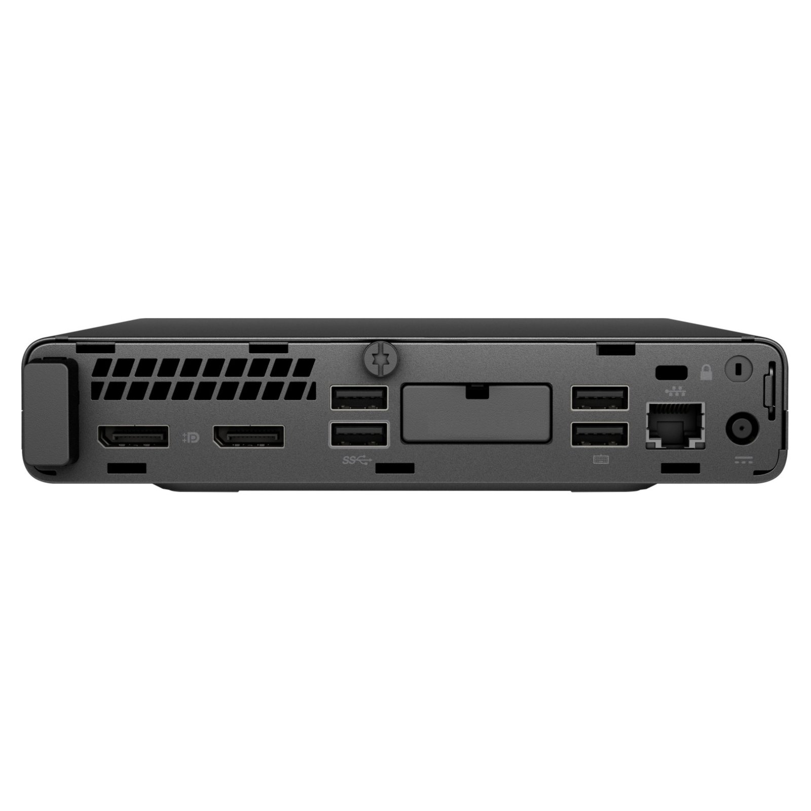 Vista traseira do computador mini PC HP ProDesk 400 G5 Mini recondicionado JANSit – Destaque para as saídas de vídeo DisplayPort e HDMI, portas USB 3.1, entrada de rede Ethernet RJ-45 e conetor de alimentação. Painel de ligações em estado Grade A com garantia JANSit.