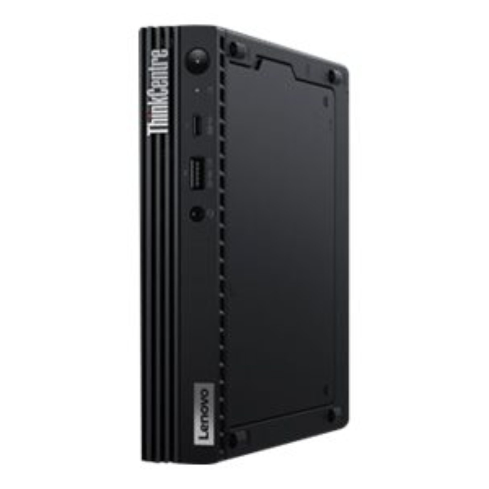 Vista lateral direita do computador ultra-compacto Lenovo ThinkCentre M70q Tiny Gen 1 recondicionado JANSit – Destaque para as ranhuras de ventilação integradas no chassis de aço para uma dissipação térmica eficiente. Estado Grade A com garantia JANSit.
