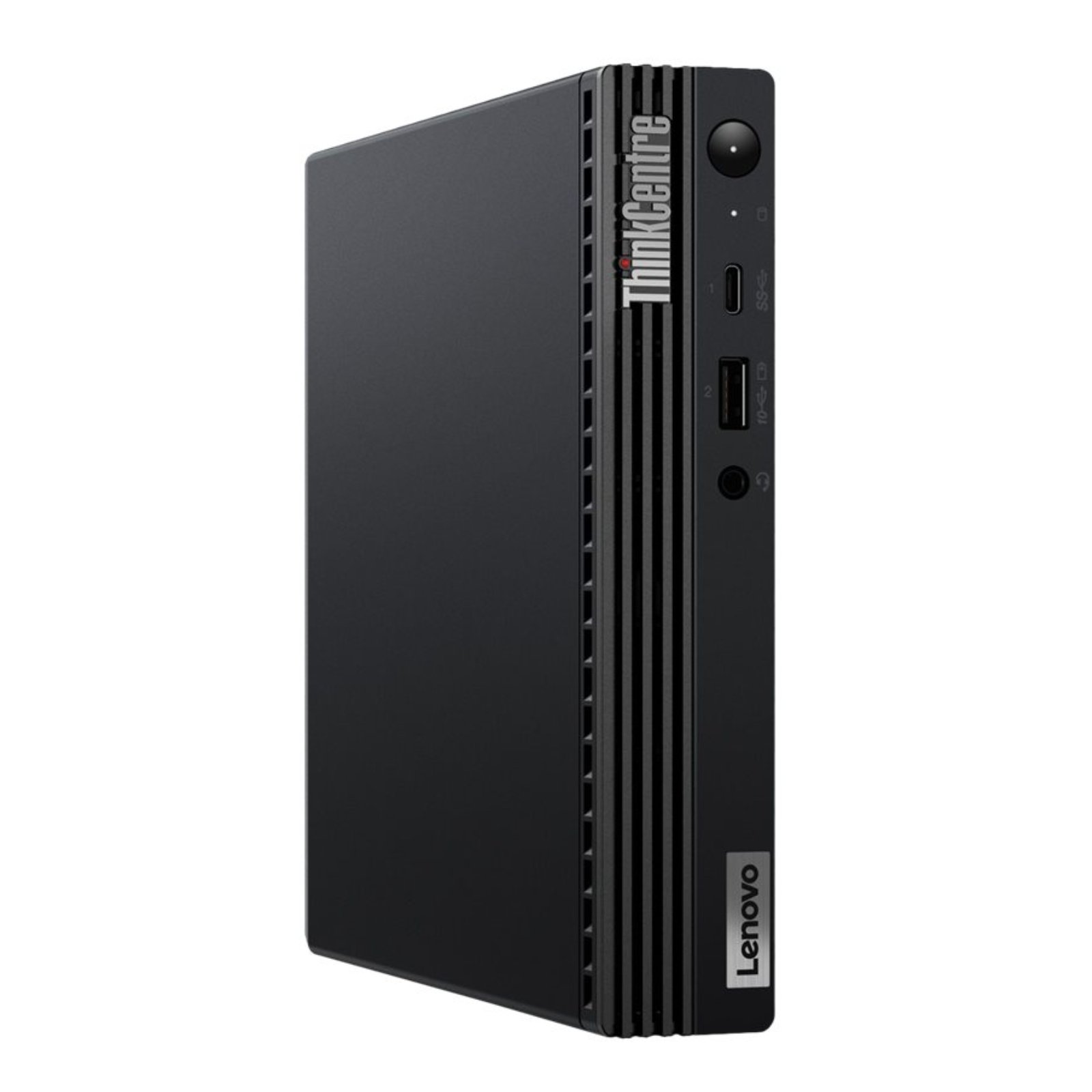 Vista lateral esquerda do computador ultra-compacto Lenovo ThinkCentre M70q Tiny Gen 1 recondicionado JANSit – Detalhe do perfil slim, chassis metálico robusto em preto fosco e linhas minimalistas de classe corporativa. Estado Grade A com garantia JANSit.