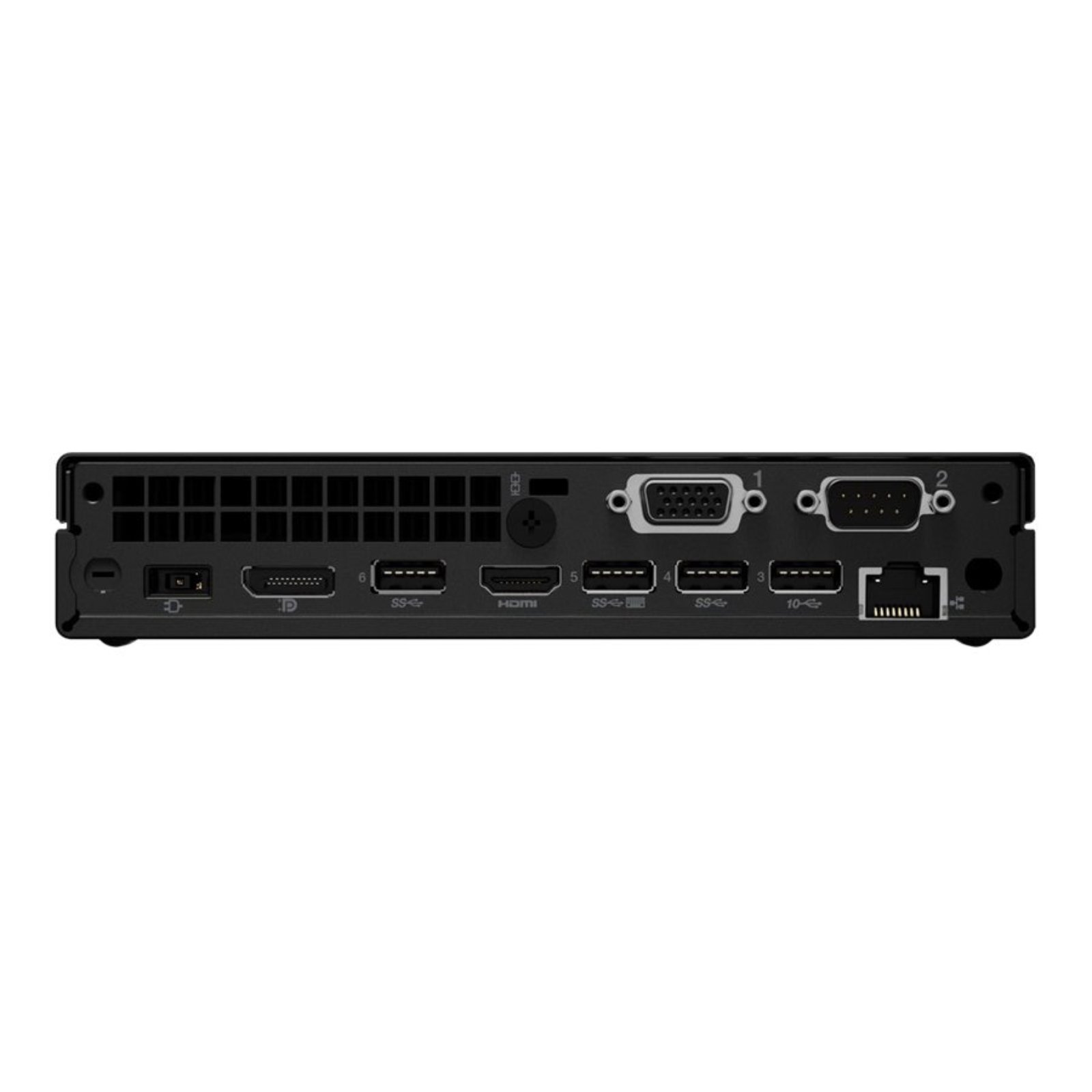 Vista traseira do computador ultra-compacto Lenovo ThinkCentre M70q Tiny Gen 1 recondicionado JANSit – Painel completo com portas USB, saídas de vídeo DisplayPort e HDMI, entrada de rede RJ-45 e ranhura de segurança. Estado Grade A com garantia JANSit.