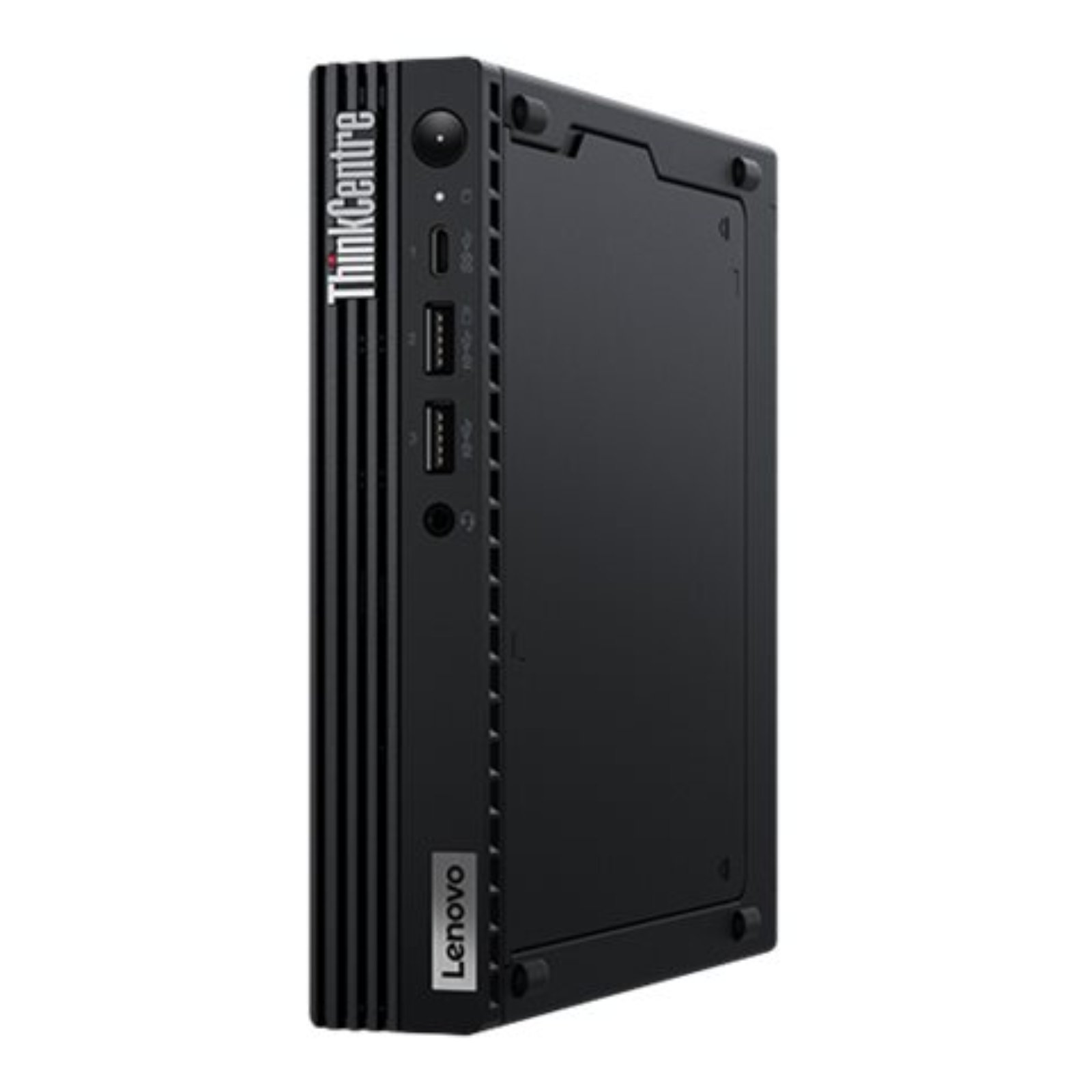Vista lateral direita do computador ultra-compacto Lenovo ThinkCentre M70q Tiny Gen 3 recondicionado JANSit – Destaque para as grelhas de ventilação integradas no chassis de aço para dissipação de calor otimizada. Estado Grade A com garantia JANSit.