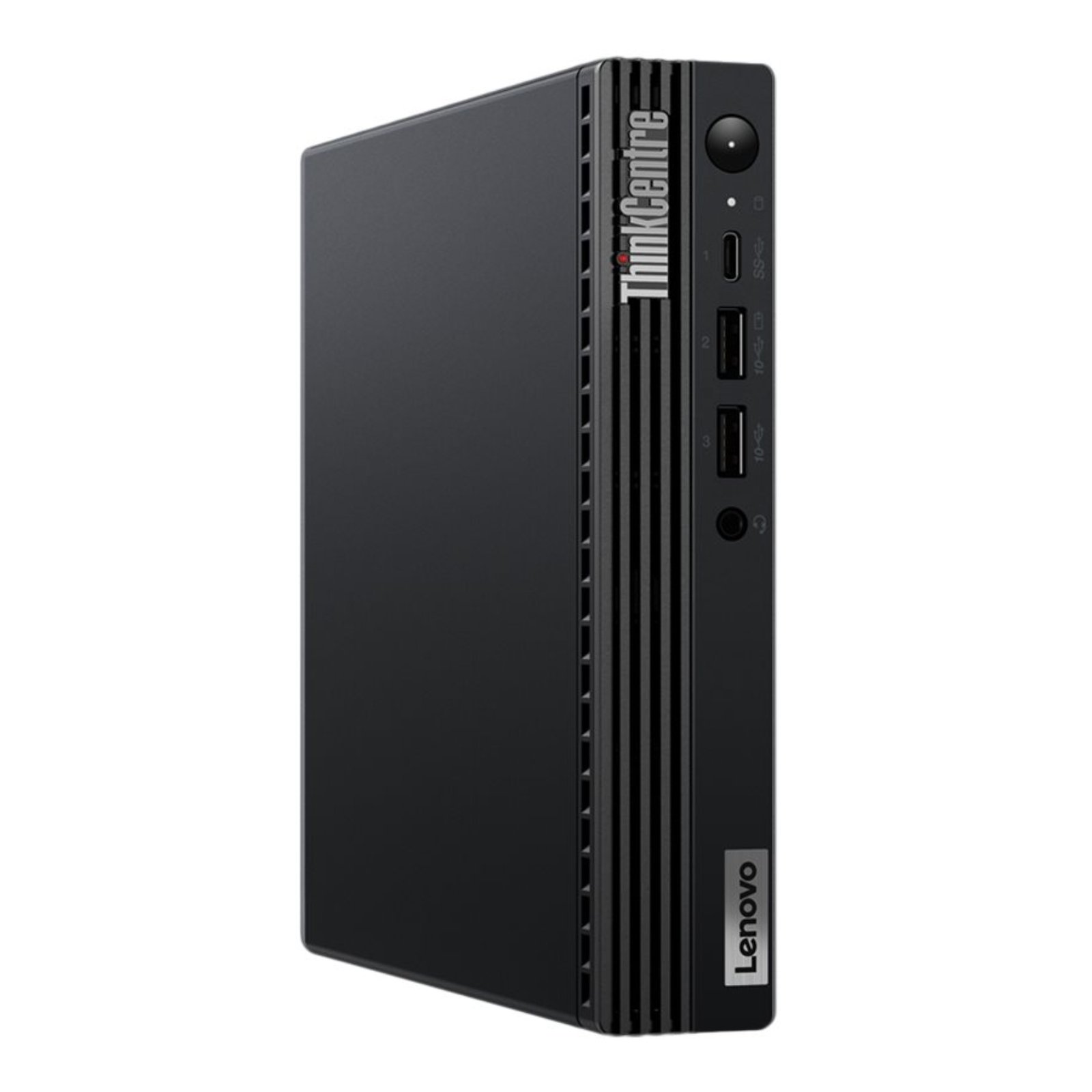 Vista lateral esquerda do computador ultra-compacto Lenovo ThinkCentre M70q Tiny Gen 3 recondicionado JANSit – Detalhe do perfil slim, chassis metálico premium em preto fosco e linhas corporativas modernas. Estado Grade A com garantia JANSit.