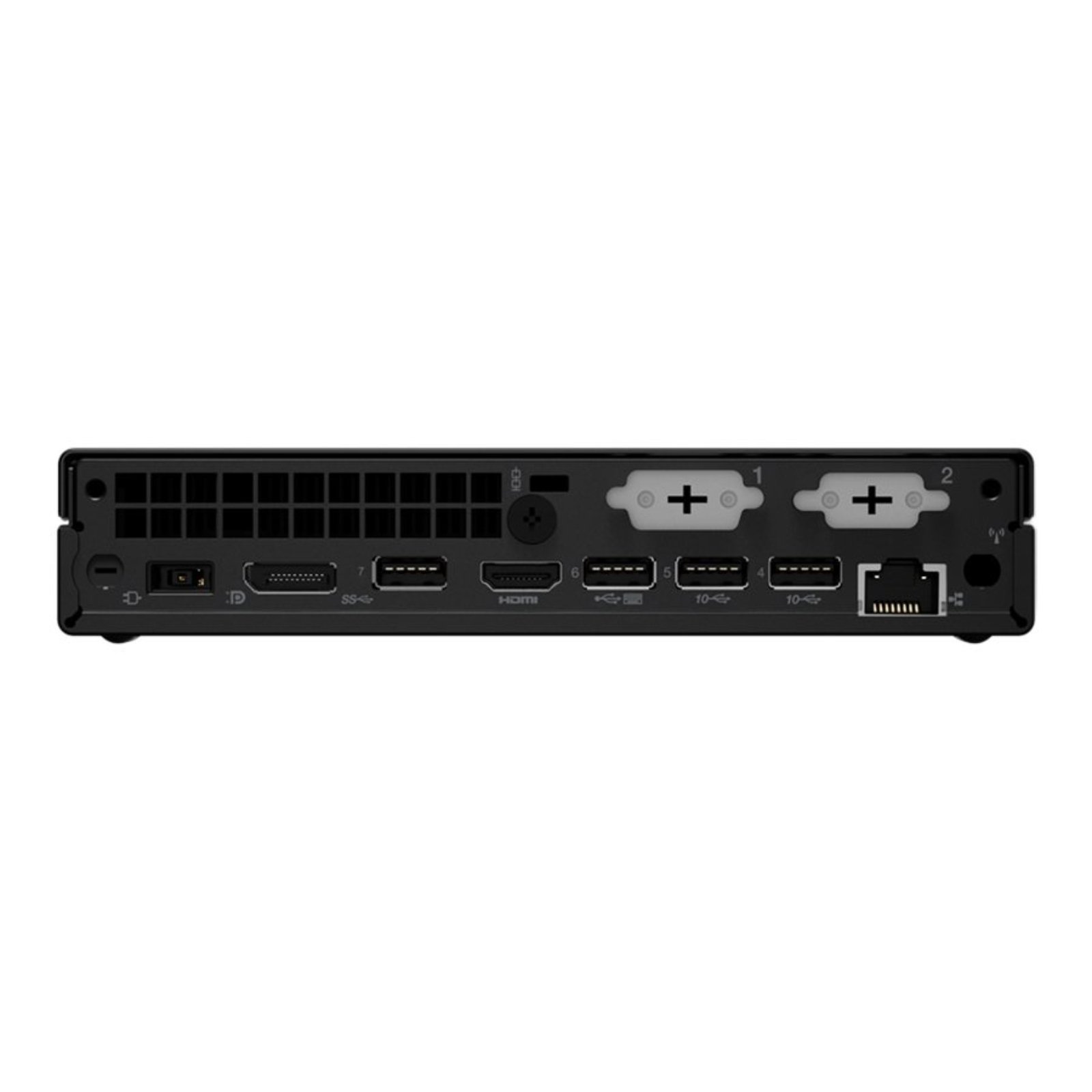 Vista traseira do computador ultra-compacto Lenovo ThinkCentre M70q Tiny Gen 3 recondicionado JANSit – Painel de conexões completo com saídas de vídeo HDMI e DisplayPort, portas USB de alta velocidade, entrada de rede RJ-45 e ranhura de segurança. Estado Grade A com garantia JANSit.