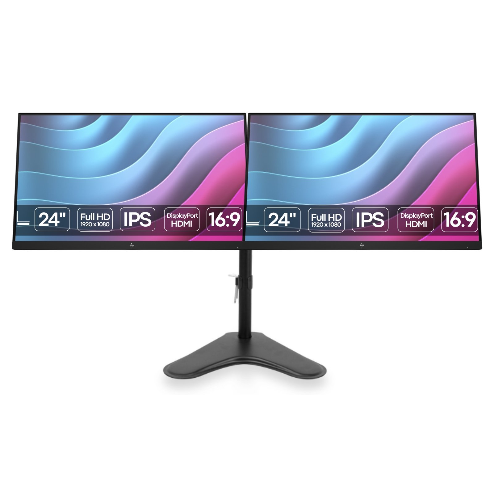 Conjunto de dois monitores profissionais HP EliteDisplay E24 G5 recondicionados JANSit montados em pé de suporte duplo articulado. Ecrãs de 23.8 polegadas Full HD IPS com molduras ultra-finas e organização de cabos oculta. Estado Grade A com garantia JANSit.