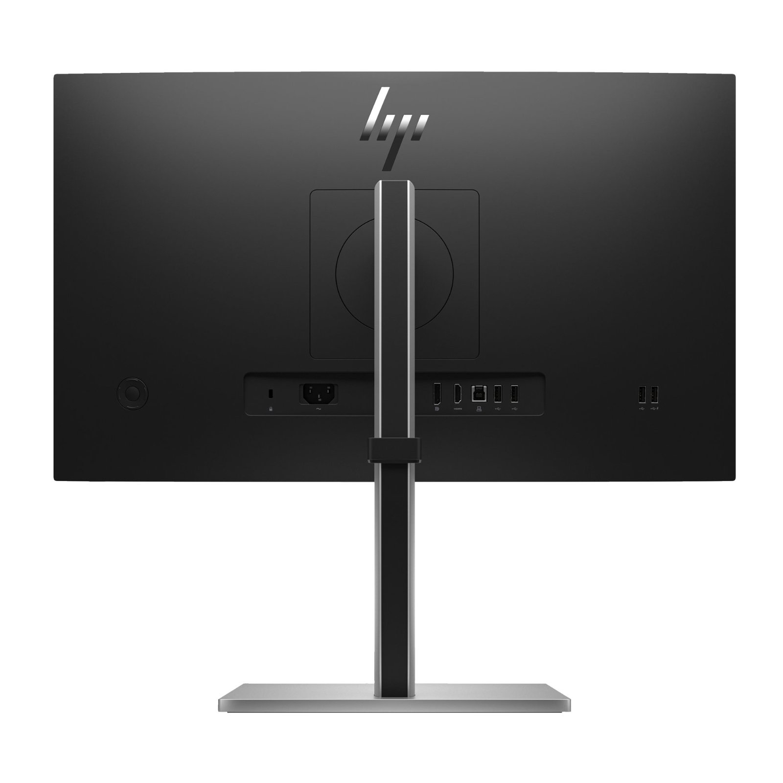 Vista traseira do monitor profissional HP EliteDisplay E24 G5 recondicionado JANSit – Painel com conexões DisplayPort, HDMI e HUB USB, suporte ergonómico com calha para gestão de cabos e furação VESA. Estado Grade A com garantia JANSit.