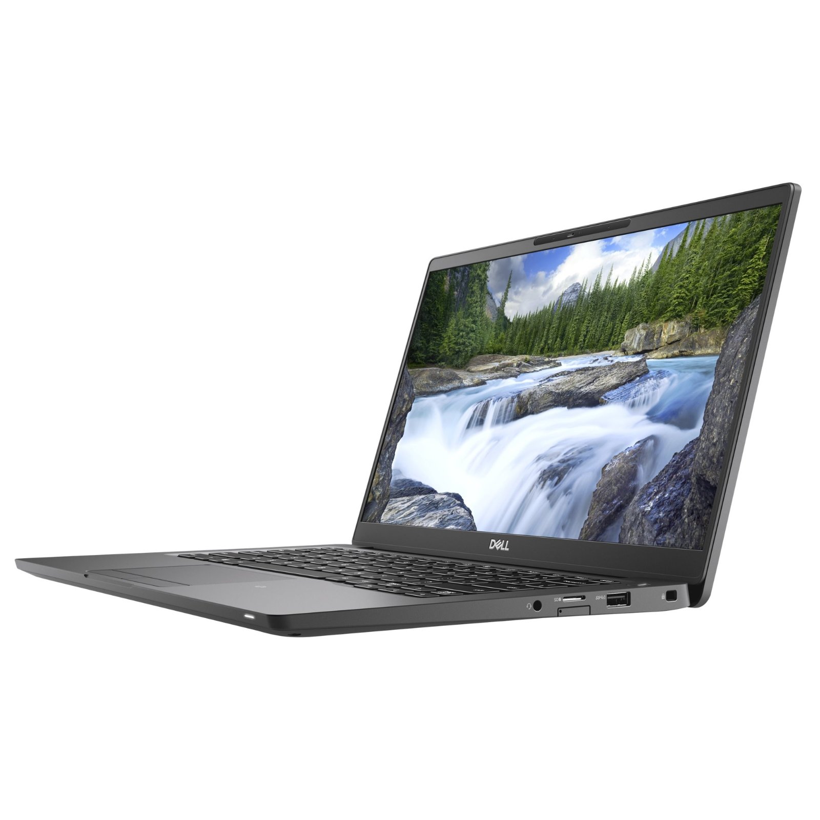 Vista lateral direita do portátil ultra-portátil Dell Latitude 7400 recondicionado JANSit – Destaque para a entrada de áudio combinada, porta USB 3.1, leitor de cartões MicroSD e ranhura de segurança Wedge. Estado Grade A com garantia JANSit.