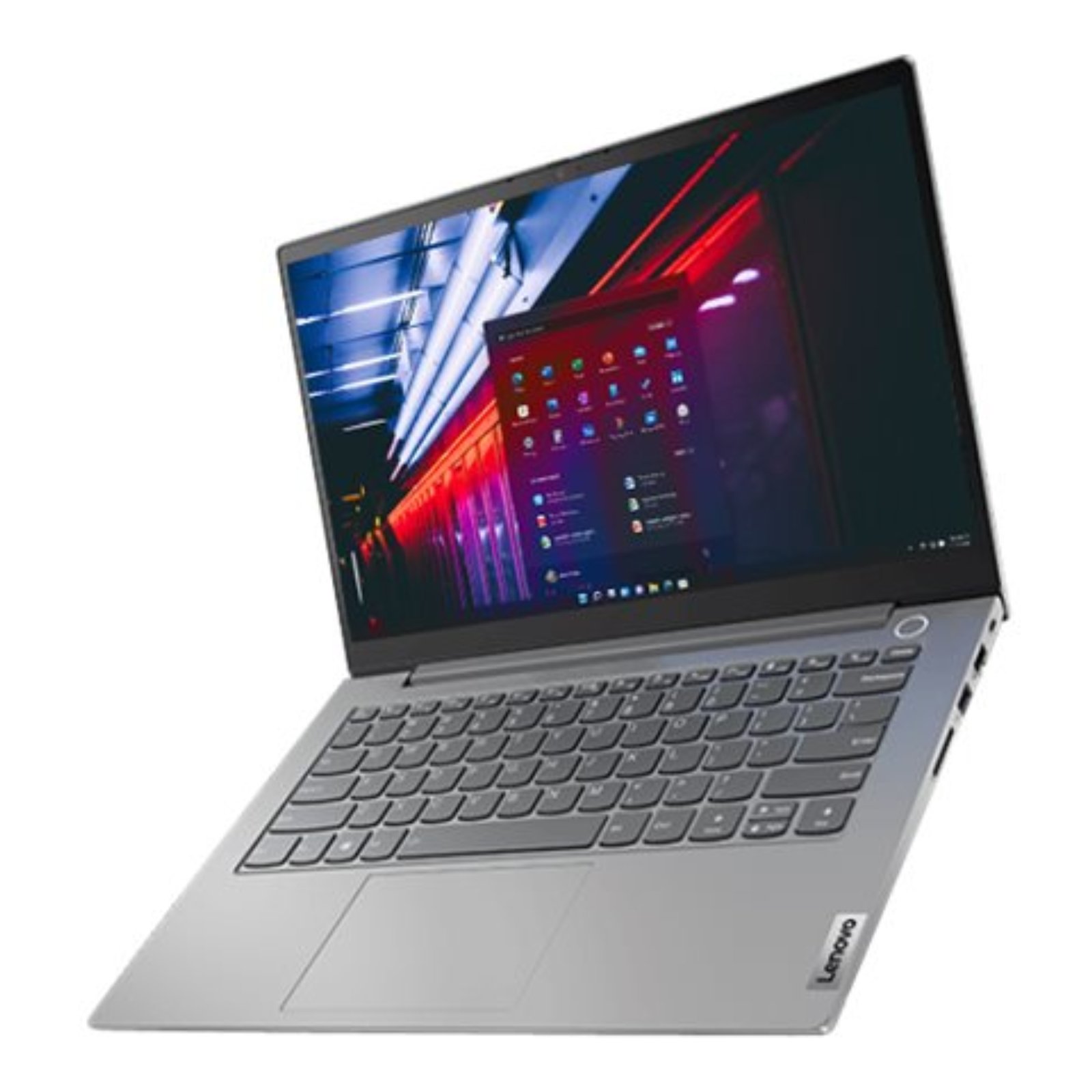 Vista lateral do portátil profissional Lenovo ThinkBook 14 G2 recondicionado JANSit – Destaque para o perfil ultrafino, portas USB-C, saída HDMI e leitor de cartões. Chassis de alumínio cinza mineral em estado Grade A com garantia JANSit.