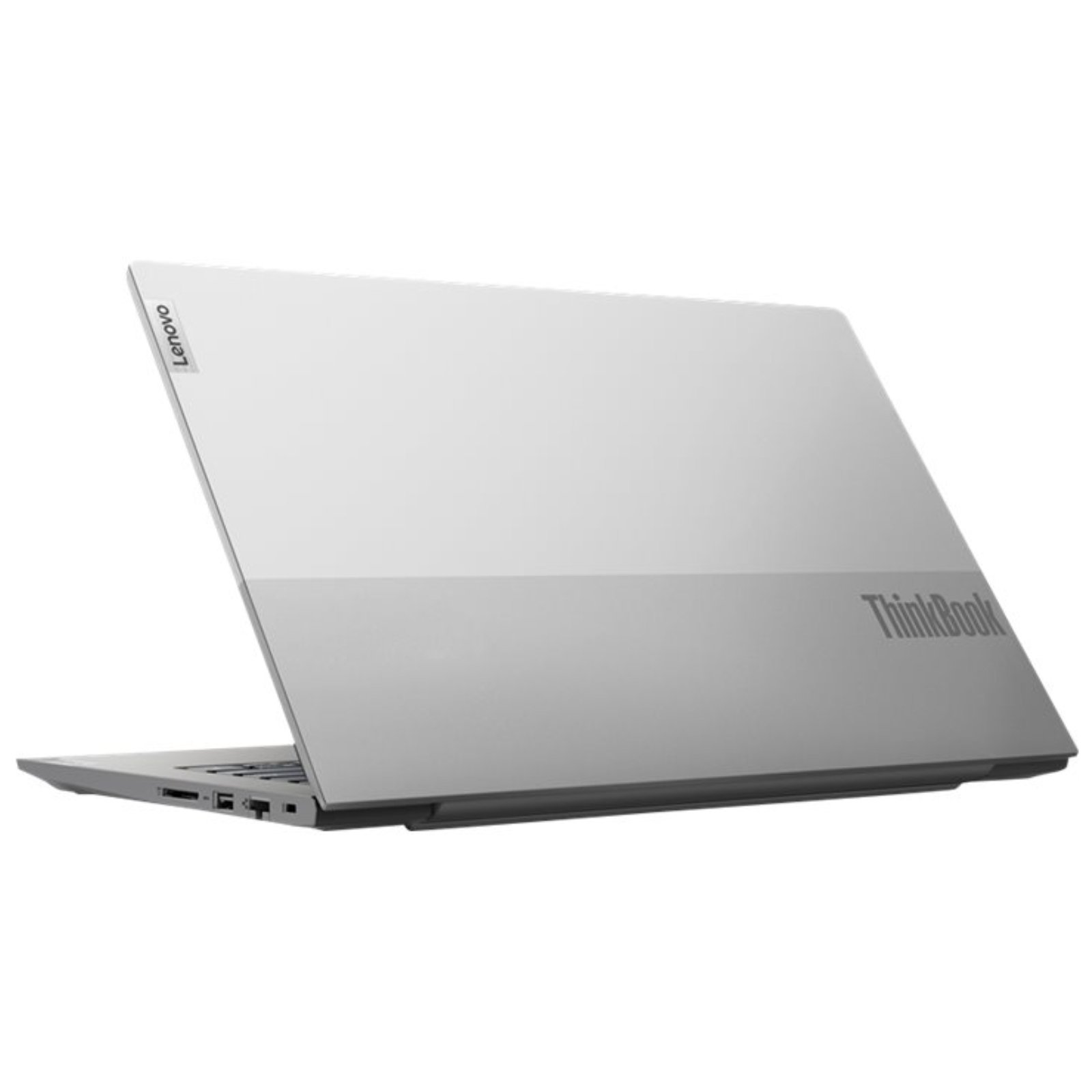Vista lateral traseira em ângulo do portátil profissional Lenovo ThinkBook 14 G2 recondicionado JANSit – Destaque para a dobradiça centralizada robusta, perfil slim e transição do chassis de alumínio bitonal. Estado Grade A com garantia JANSit.