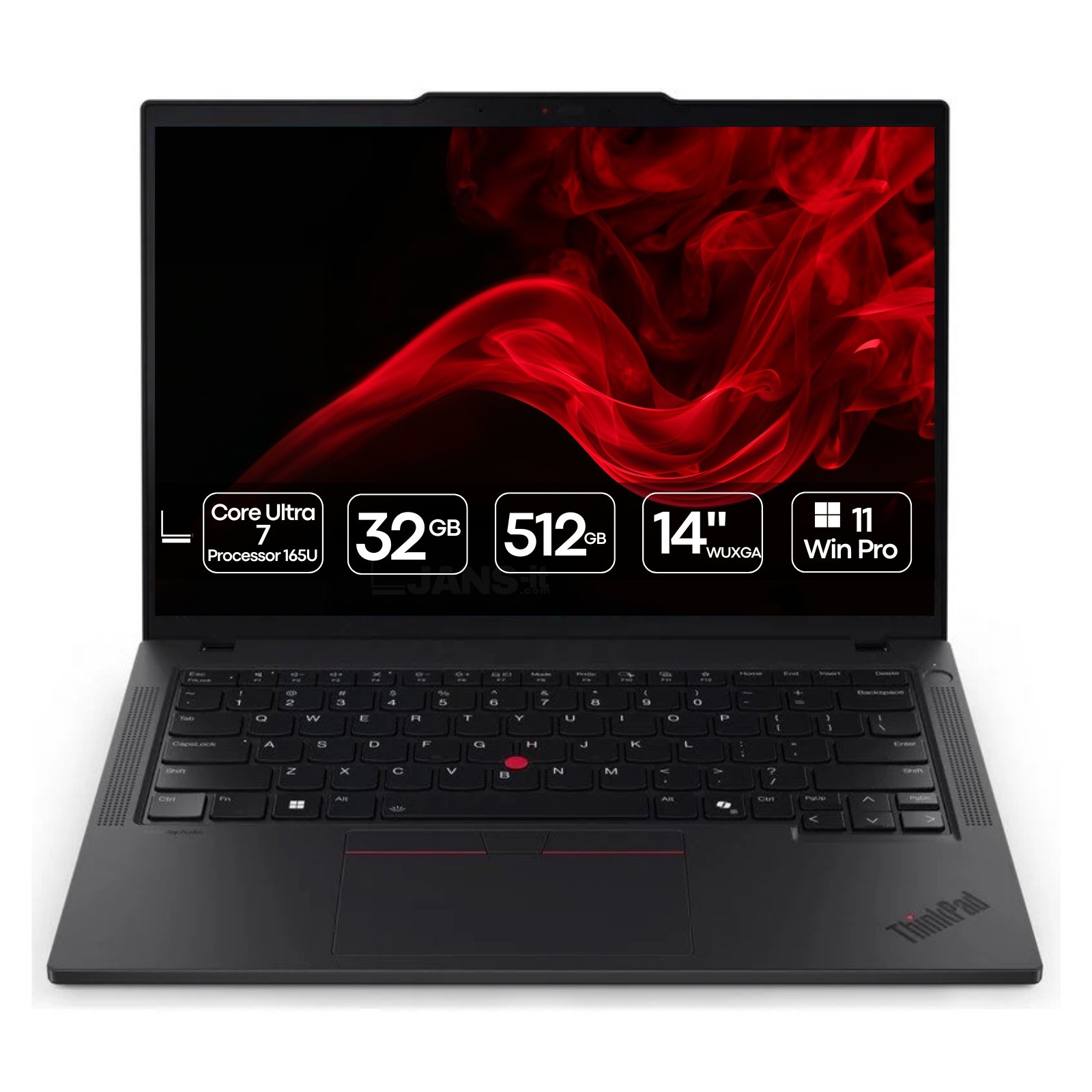 Portátil profissional Lenovo ThinkPad T14 Gen 5 recondicionado JANSit – Processador Intel Core Ultra 7 com IA integrada, design icónico em preto mate e teclado ergonómico. O 'AI PC' empresarial de alta performance, estado Grade A com garantia JANSit e foco em sustentabilidade.