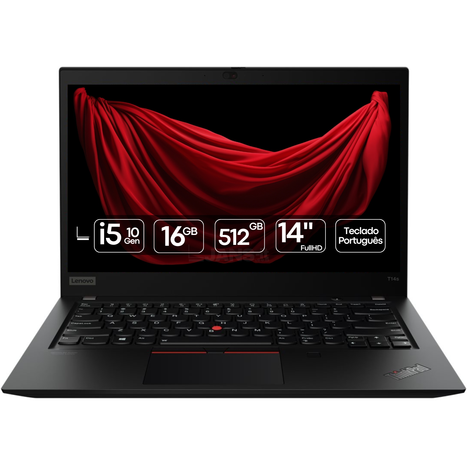 Portátil profissional ultraleve Lenovo ThinkPad T14s Gen 1 recondicionado JANSit – Processador Intel Core i5, ecrã de 14 polegadas Full HD e chassis slim premium. Design icónico em preto mate, estado Grade A com garantia JANSit.