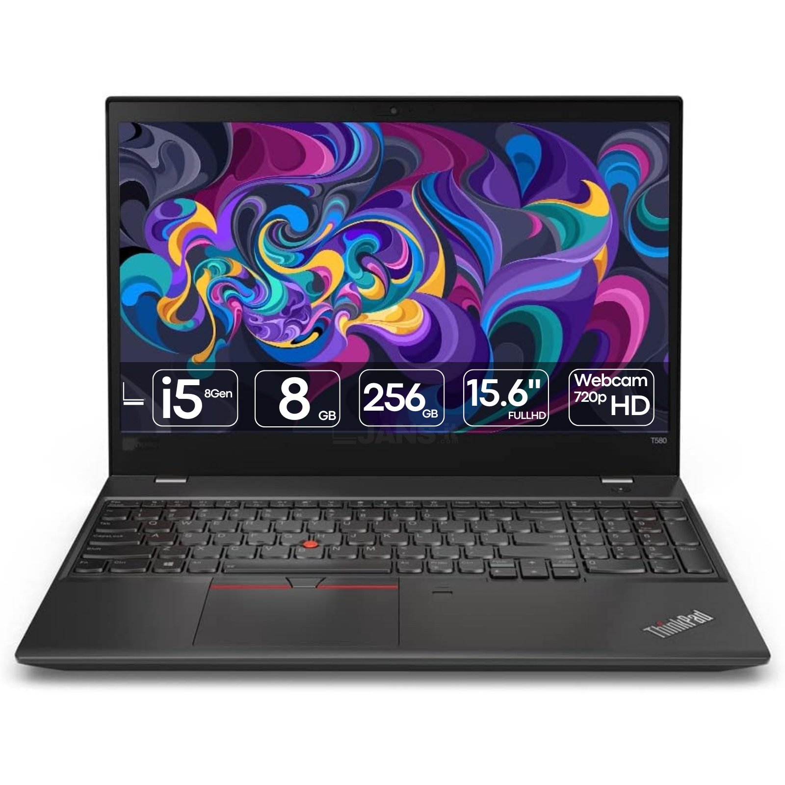 Portátil profissional Lenovo ThinkPad T580 recondicionado JANSit – Processador Intel Core i5, ecrã de 15.6 polegadas Full HD e teclado numérico completo. Design robusto icónico em preto mate, estado Grade A com garantia JANSit.