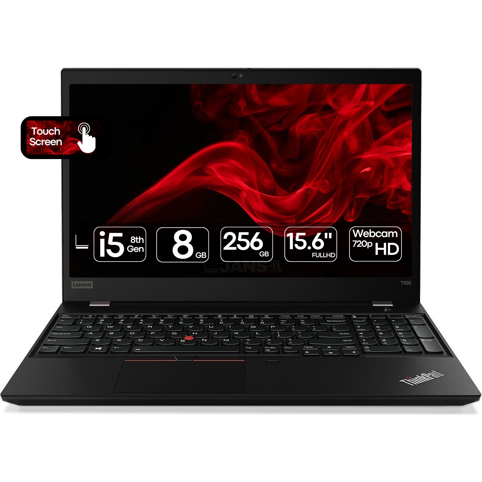Portátil profissional Lenovo ThinkPad T590 Touchscreen recondicionado JANSit – Processador Intel Core i5, ecrã tátil de 15.6 polegadas Full HD e teclado numérico integrado. Design robusto em preto clássico, estado Grade A com garantia JANSit.