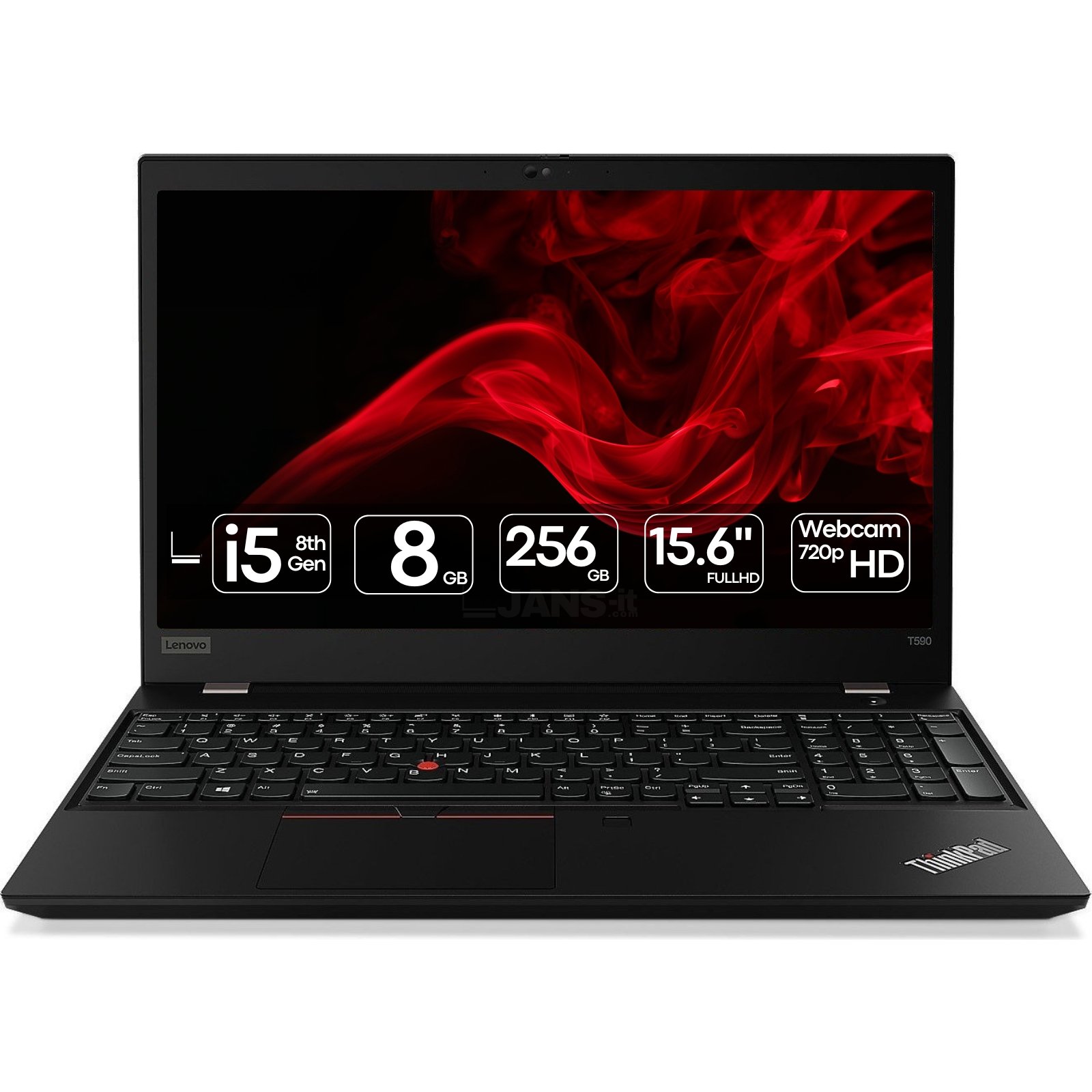 Portátil profissional Lenovo ThinkPad T590 recondicionado JANSit – Processador Intel Core i5, ecrã de 15.6 polegadas Full HD e teclado numérico completo. Design robusto, fino e leve em preto clássico, estado Grade A com garantia JANSit.