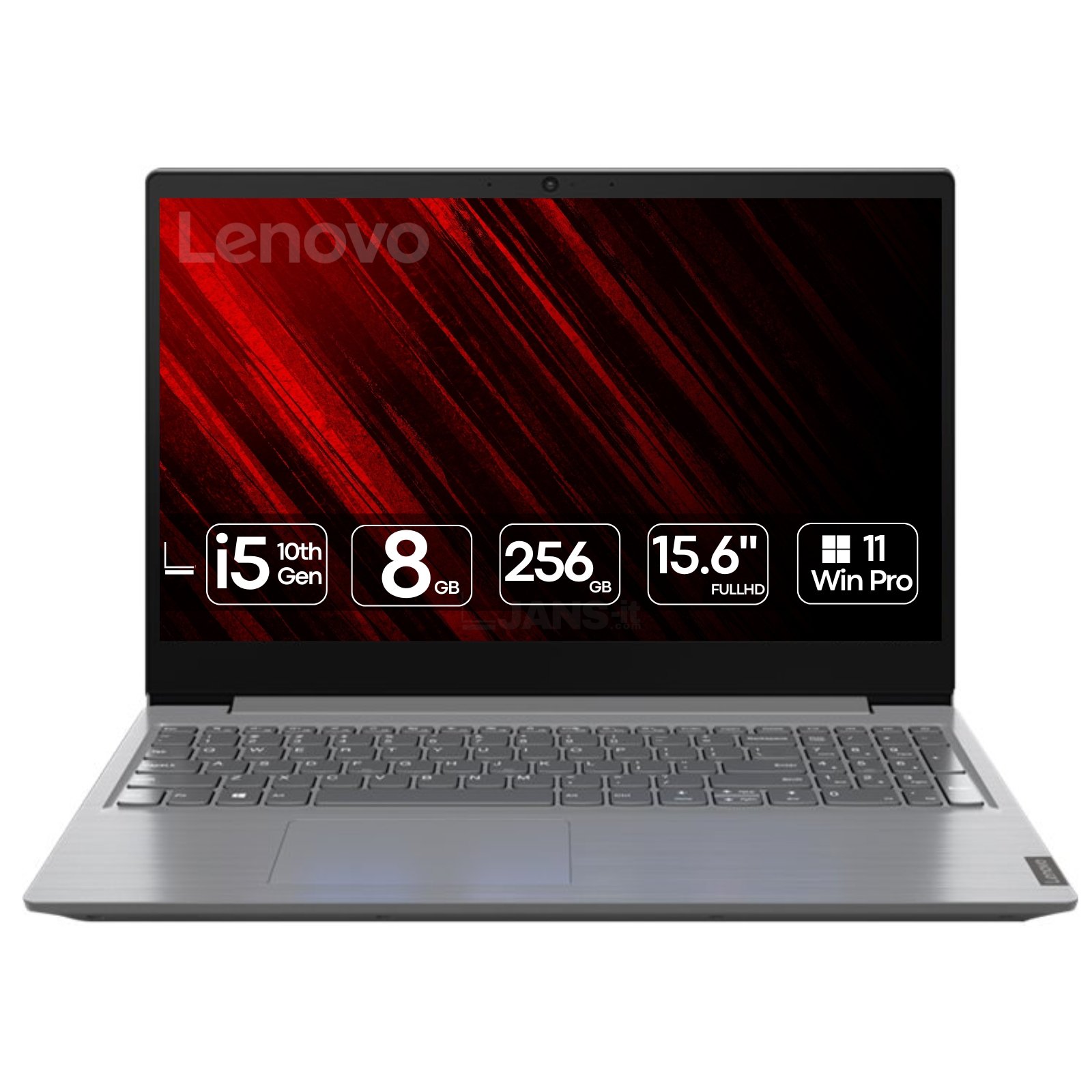 Portátil Lenovo V15 G1 recondicionado JANSit – Processador Intel Core i5, ecrã de 15.6 polegadas Full HD e teclado numérico completo. Design moderno em cinza texturizado, estado Grade A com garantia JANSit.