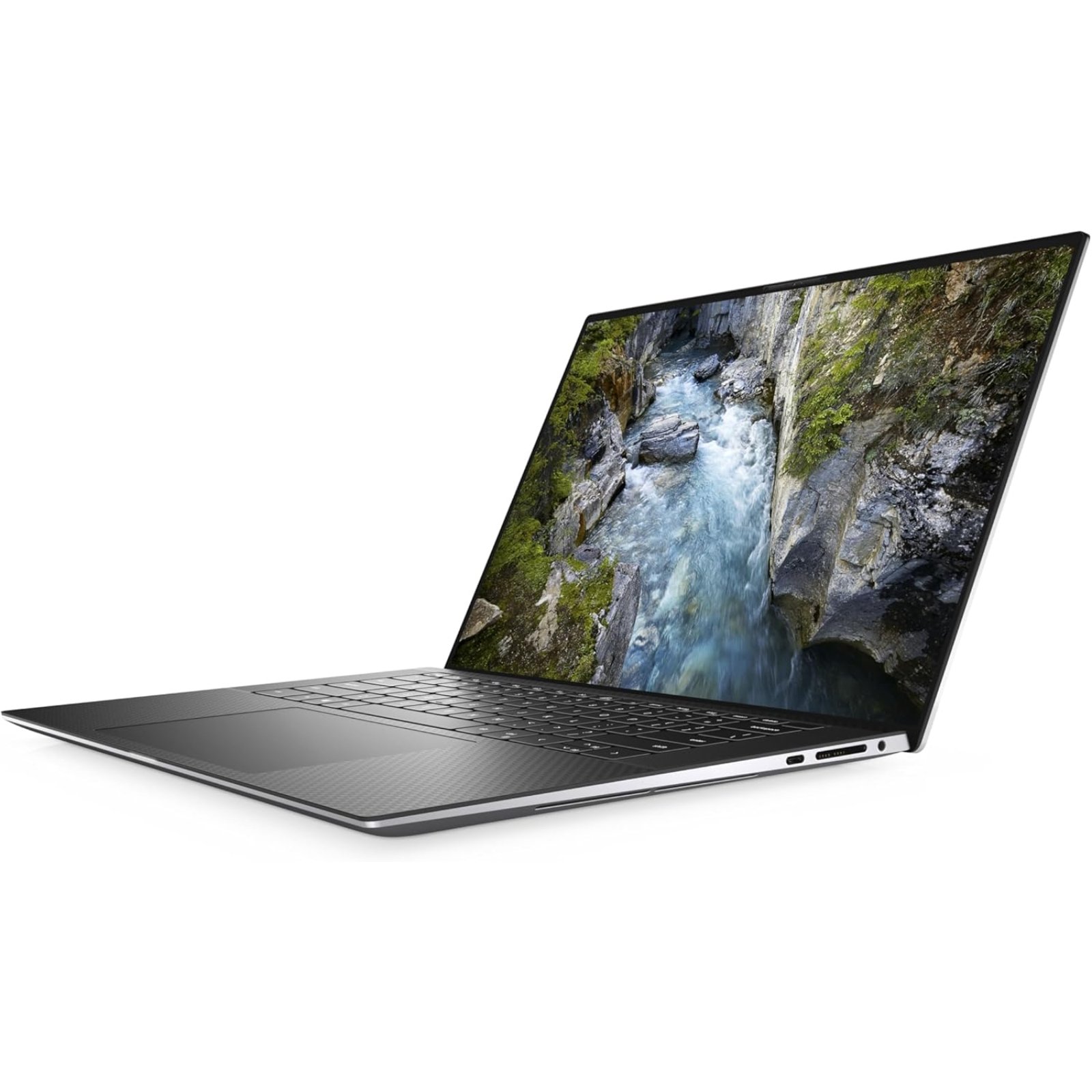 Vista lateral direita da workstation portátil Dell Precision 5550 recondicionada JANSit – Perfil ultrafino em alumínio com porta USB-C 3.2, leitor de cartões SD de tamanho integral e entrada de áudio de 3.5mm. Estado Grade A com garantia JANSit.