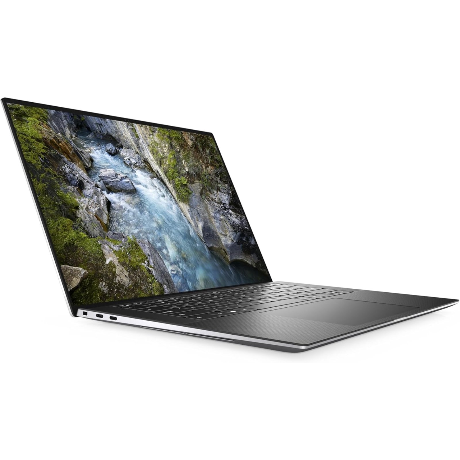 Vista lateral esquerda da workstation portátil Dell Precision 5550 recondicionada JANSit – Destaque para o perfil ultrafino em alumínio fresado, duas portas Thunderbolt 3 / USB-C de alta velocidade e indicador de bateria. Estado Grade A com garantia JANSit.