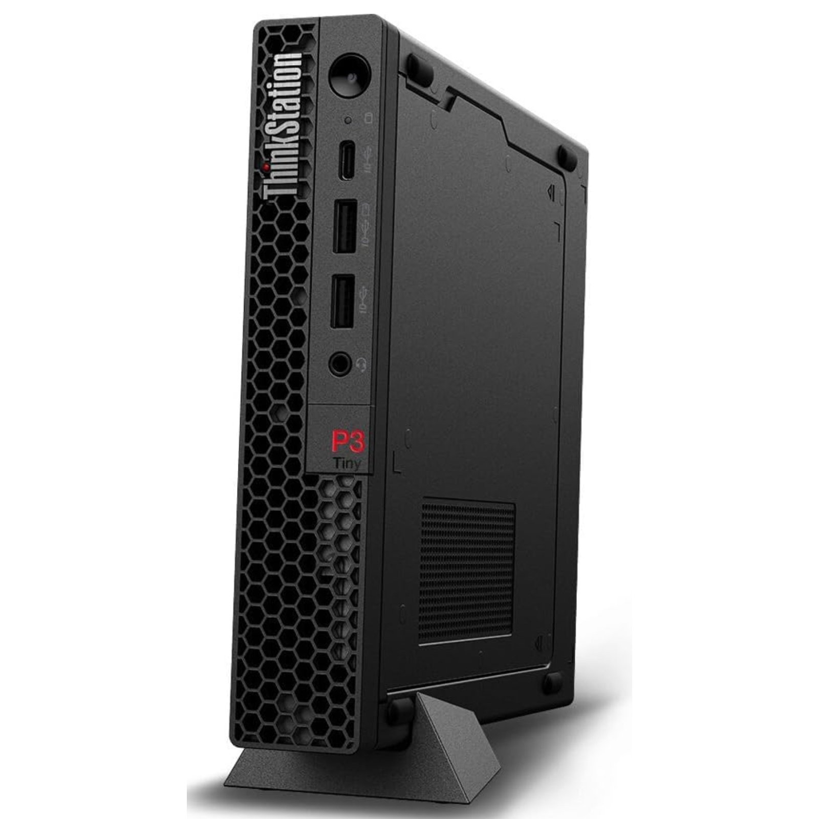 Vista lateral direita da workstation ultra-compacta Lenovo ThinkStation P3 Tiny recondicionada JANSit – Destaque para as grelhas de ventilação integradas no chassis metálico para arrefecimento eficiente. Estado Grade A com garantia JANSit.