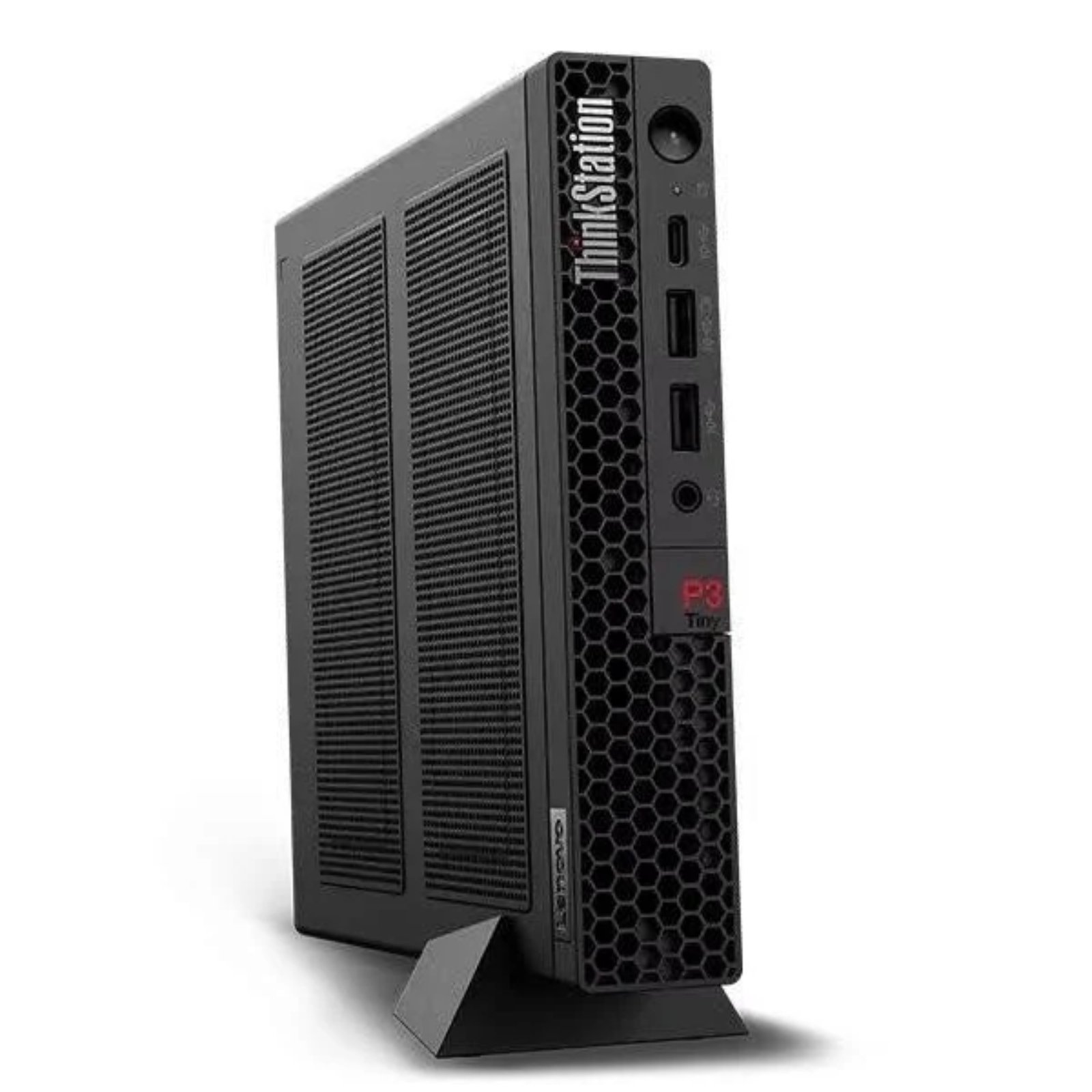 Vista lateral esquerda da workstation ultra-compacta Lenovo ThinkStation P3 Tiny recondicionada JANSit – Detalhe do perfil slim, chassis metálico industrial texturado e linhas minimalistas. Estado Grade A com garantia JANSit.
