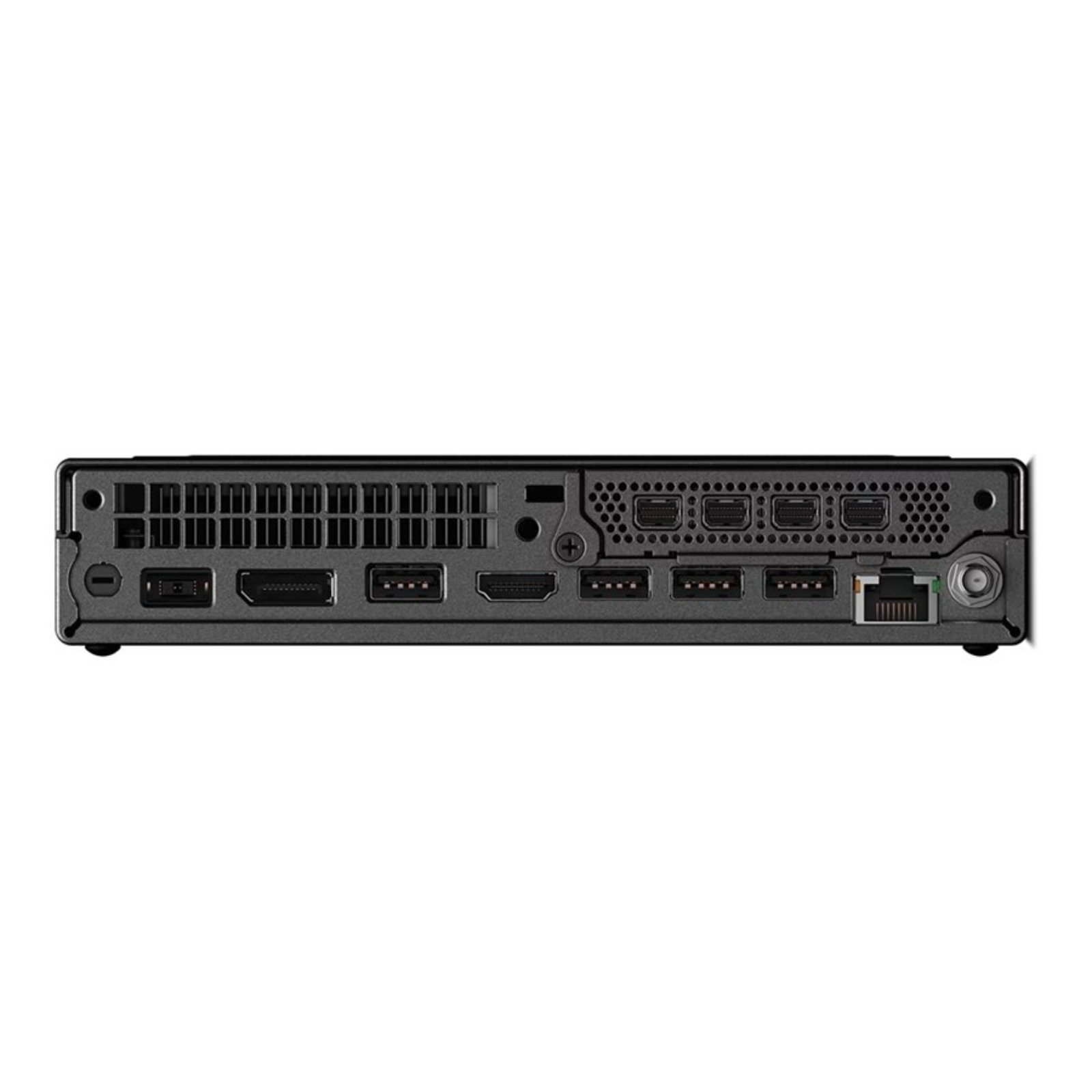 Vista traseira da workstation ultra-compacta Lenovo ThinkStation P3 Tiny recondicionada JANSit – Painel de conexões completo com múltiplas portas USB, saídas de vídeo DisplayPort/HDMI, entrada de rede RJ-45 e ranhura de segurança. Estado Grade A com garantia JANSit.