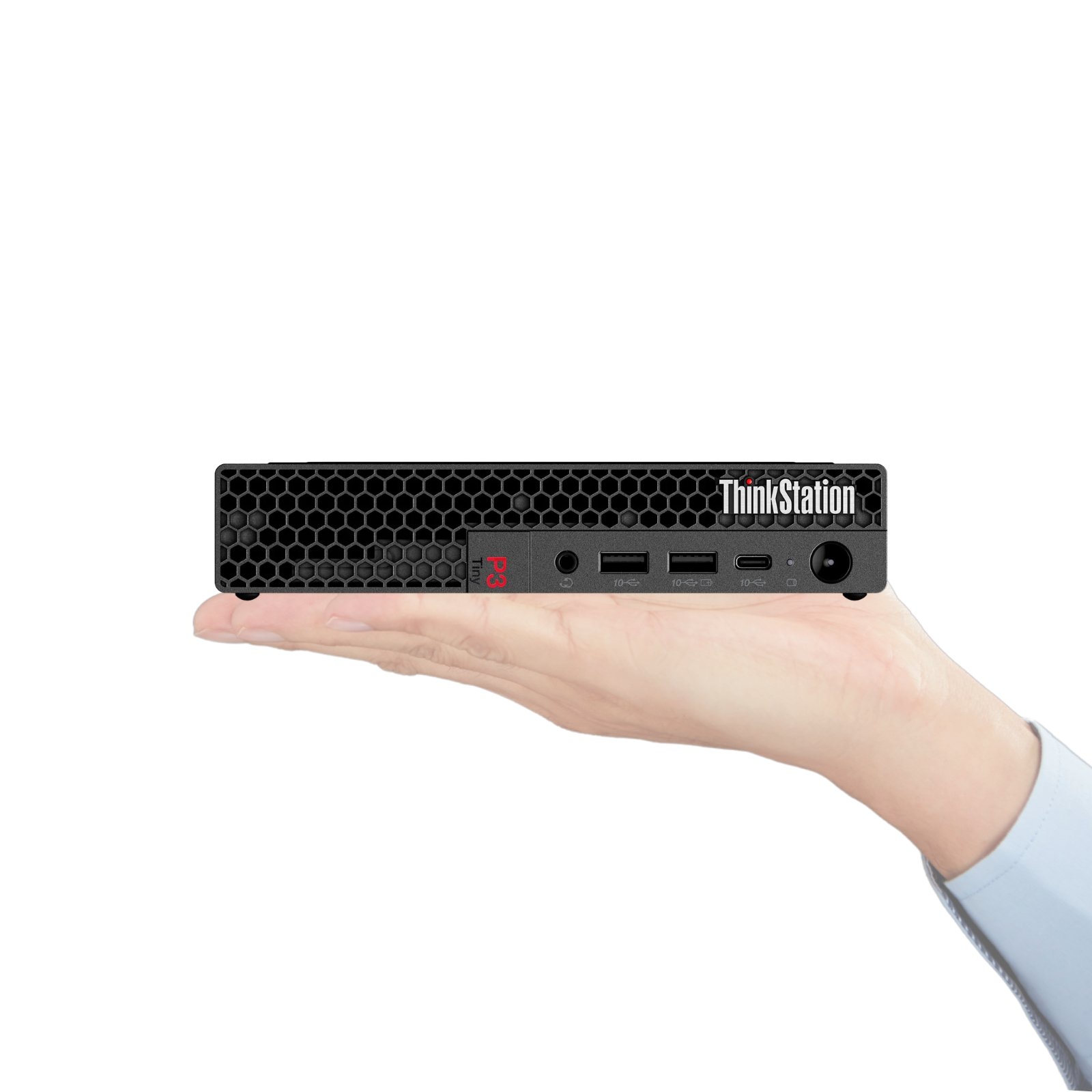 Workstation ultra-compacta Lenovo ThinkStation P3 Tiny recondicionada JANSit – Micro PC profissional equipado com processador Intel Core i5, grelha frontal de ventilação avançada e portas USB de acesso rápido. Estado Grade A com garantia JANSit.