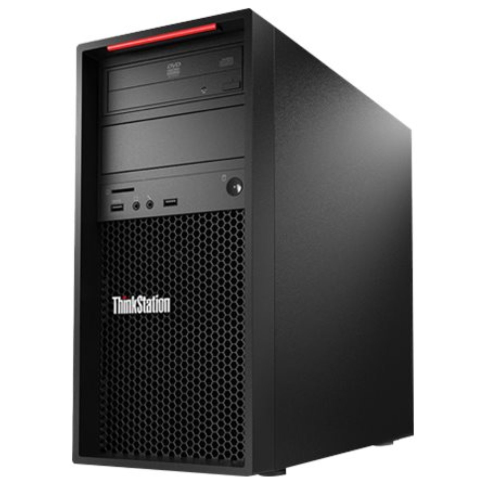 Vista lateral direita da workstation Lenovo ThinkStation P520c recondicionada JANSit – Estrutura metálica sólida com acabamento profissional em preto mate. Chassis compacto em estado Grade A, evidenciando a robustez e a conservação impecável da linha ThinkStation com garantia JANSit.