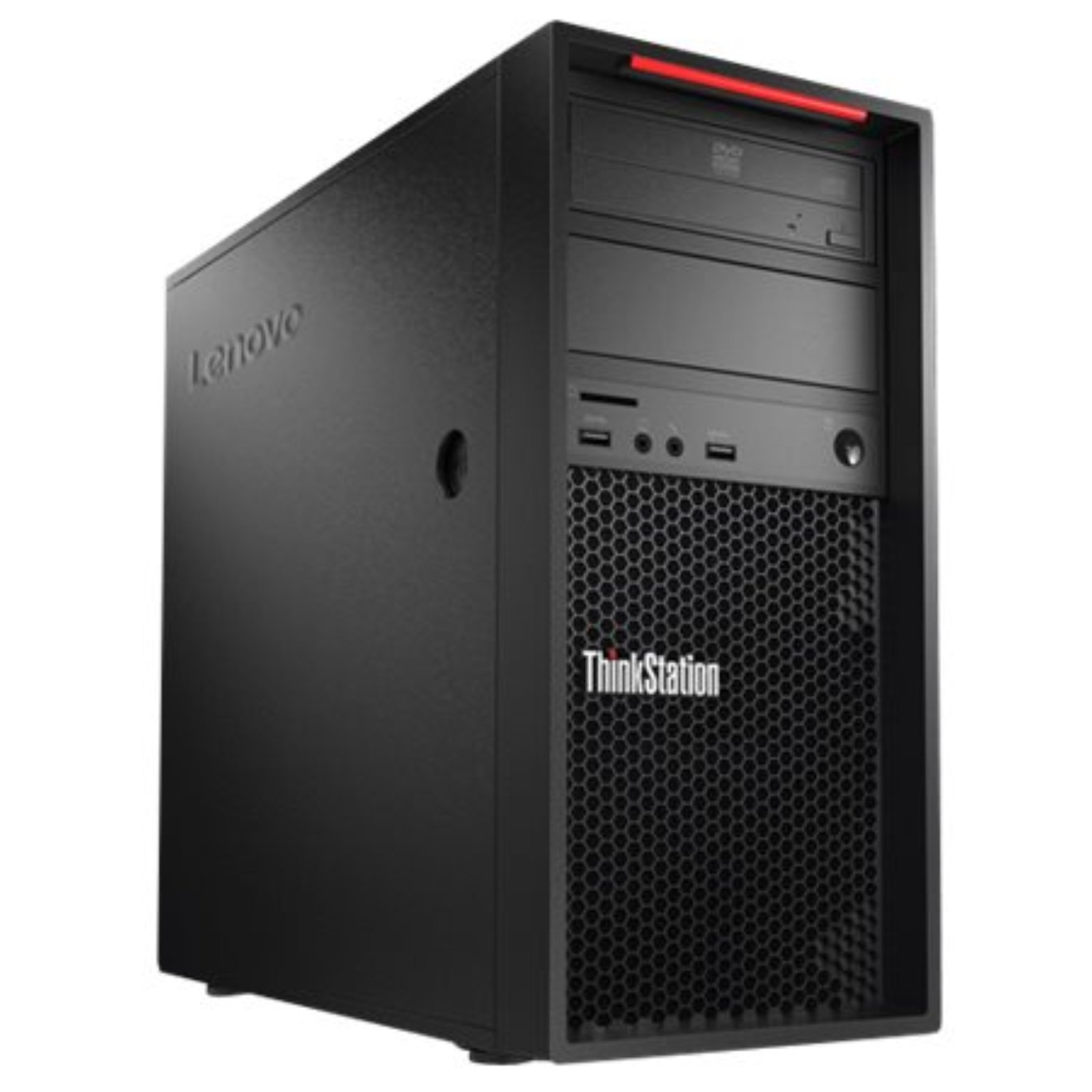 Vista lateral esquerda da workstation Lenovo ThinkStation P520c recondicionada JANSit – Destaque para o chassis robusto com painel de abertura fácil para upgrades. Design compacto profissional, estado Grade A com acabamento premium e garantia JANSit.