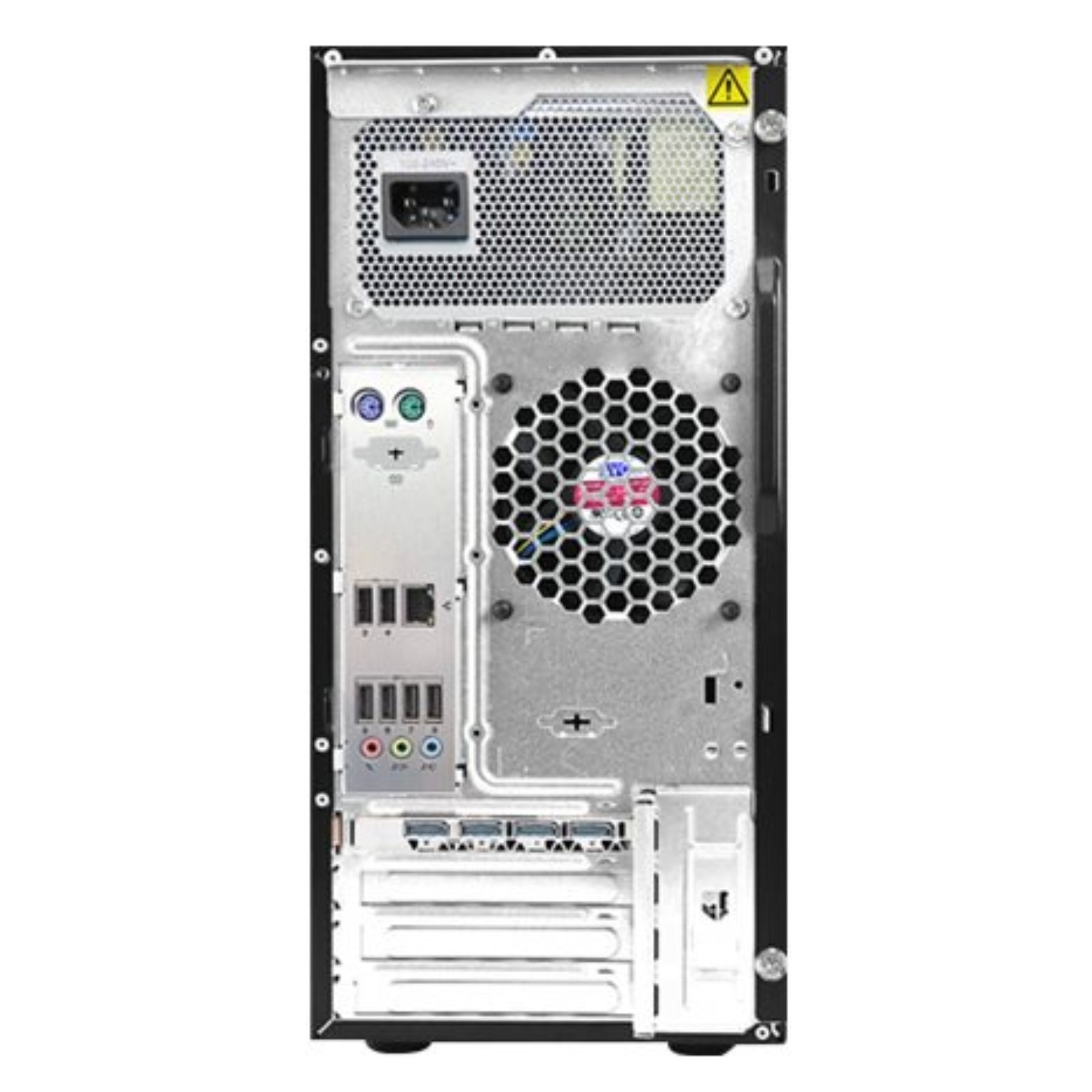 Vista traseira da workstation Lenovo ThinkStation P520c recondicionada JANSit – Destaque para as 4 saídas DisplayPort da gráfica NVIDIA Quadro P2000, múltiplas portas USB 3.0 e rede Gigabit. Design de ventilação eficiente e estado Grade A com garantia JANSit.