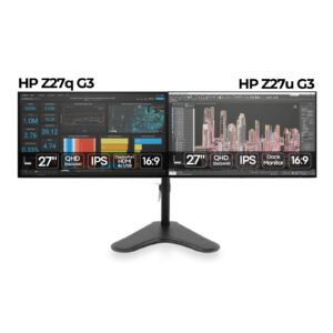 Bundle dois monitores HP Z27q G3 e HP Z27u G3 recondicionados JANSit – Pack duplo de monitores profissionais de 27 polegadas Quad HD (2K) com conectividade USB-C para setups de alta produtividade. Imagem frontal do conjunto de dois ecrãs com garantia JANSit.