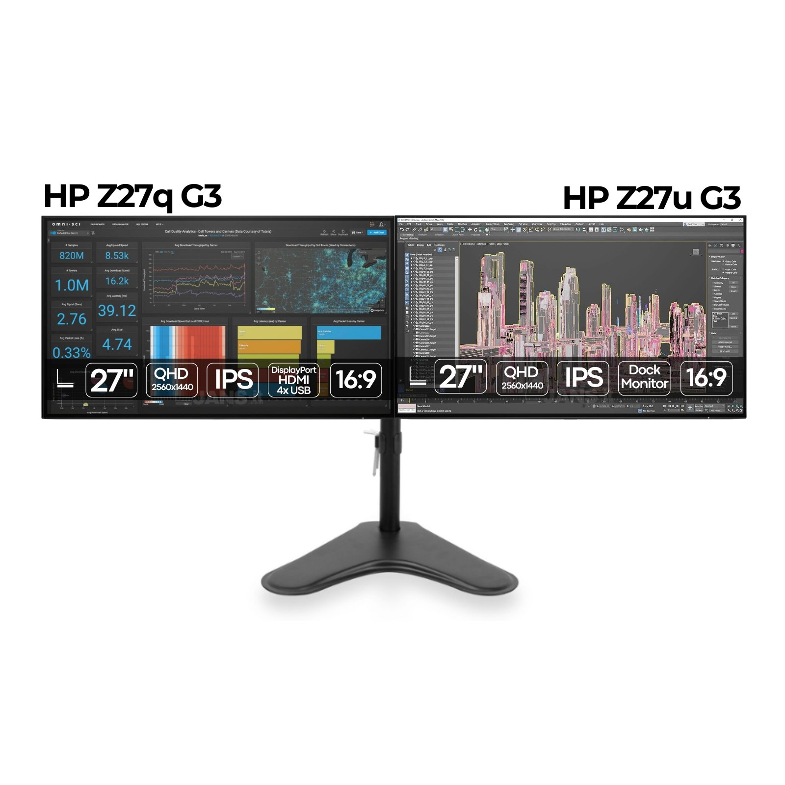 Bundle dois monitores HP Z27q G3 e HP Z27u G3 recondicionados JANSit – Pack duplo de monitores profissionais de 27 polegadas Quad HD (2K) com conectividade USB-C para setups de alta produtividade. Imagem frontal do conjunto de dois ecrãs com garantia JANSit.