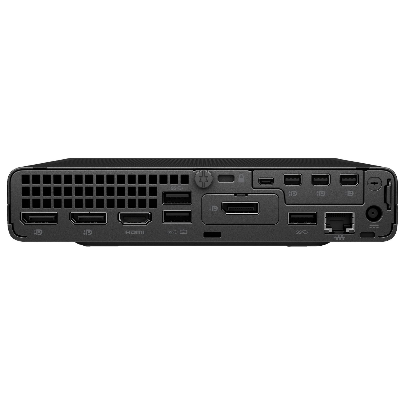 Computador HP Elite Mini 600 G9 recondicionado JANSit – Vista traseira do Mini PC profissional, exibindo o painel completo de conexões com saídas DisplayPort, HDMI, portas USB, entrada de rede Ethernet RJ45 e alimentação. Com garantia JANSit.