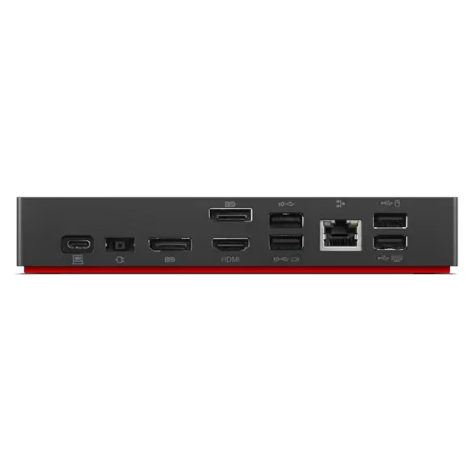 Dock station Lenovo ThinkPad Universal USB-C 40A9 recondicionada JANSit – Painel de conexões traseiro com portas DisplayPort, VGA, USB 2.0, rede Ethernet RJ45 e entrada de alimentação. Vista traseira com garantia JANSit.