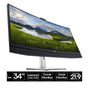 Monitor curvo Dell C3422WE recondicionado JANSit – Monitor ultra-wide de 34 polegadas para videoconferência, com webcam pop-up, barra de som integrada e ligação USB-C. Imagem frontal do ecrã panorâmico com garantia JANSit.