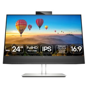 Monitor HP E24m G4 recondicionado JANSit – Monitor de 24 polegadas Full HD para videoconferência com webcam pop-up integrada, colunas de som e ergonomia avançada. Imagem frontal do ecrã HP E24m com garantia JANSit.