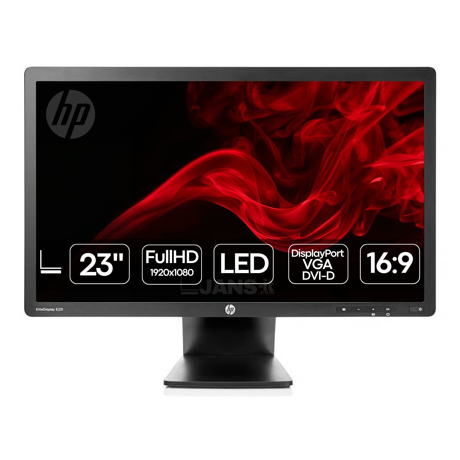 Monitor HP EliteDisplay E231 recondicionado JANSit – Monitor profissional de 23 polegadas Full HD com base ajustável para escritório e home office. Imagem frontal do ecrã HP EliteDisplay E231 com garantia JANSit.