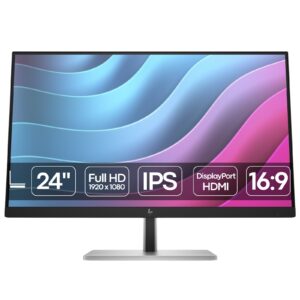 Monitor HP EliteDisplay E24 G5 recondicionado JANSit – Monitor profissional de 24 polegadas Full HD com design de moldura fina e suporte ergonómico ajustável. Imagem frontal do monitor ligado à base com garantia JANSit.