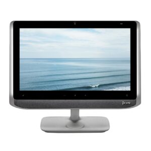 Monitor Poly Studio P21 recondicionado JANSit – Monitor profissional para videoconferência com câmara integrada, iluminação ambiente e colunas de som premium. Imagem frontal do ecrã Poly Studio P21 com garantia JANSit.