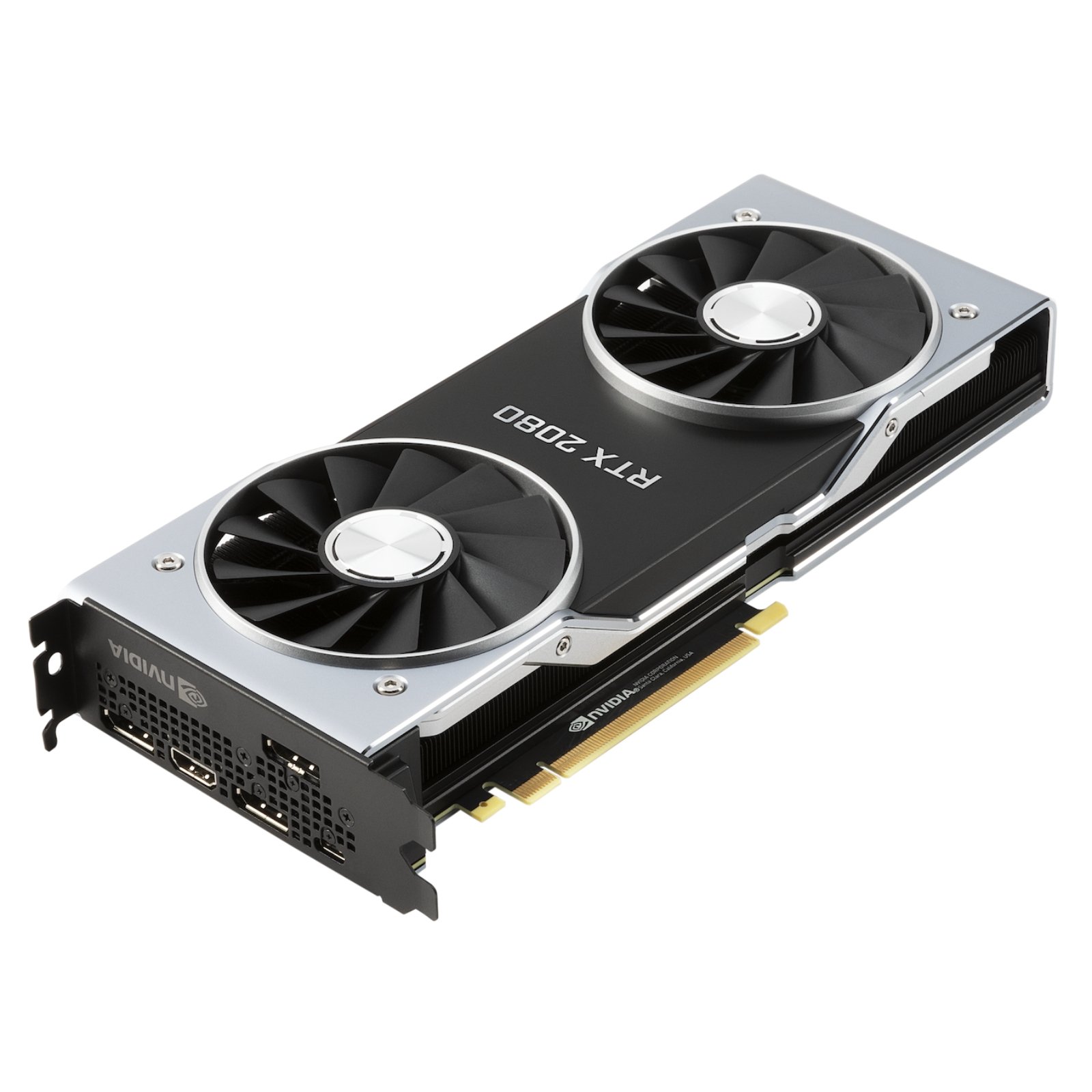 Placa gráfica NVIDIA GeForce RTX 2080 recondicionada JANSit – Perfil lateral do componente destacando o logótipo iluminado, dissipador de calor robusto e conectores de alimentação PCI-Express. Vista lateral com garantia JANSit.