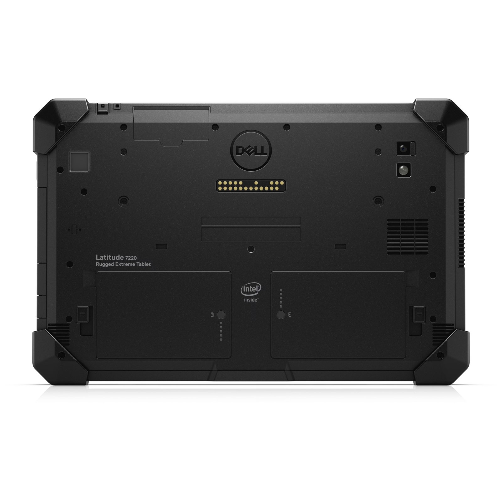 Portátil Dell Latitude 7220 Rugged Extreme i7 recondicionado JANSit – Painel traseiro blindado com pega de transporte ergonómica, ranhura para caneta stylus e pinos de ligação para docking station industrial. Vista traseira com garantia JANSit.