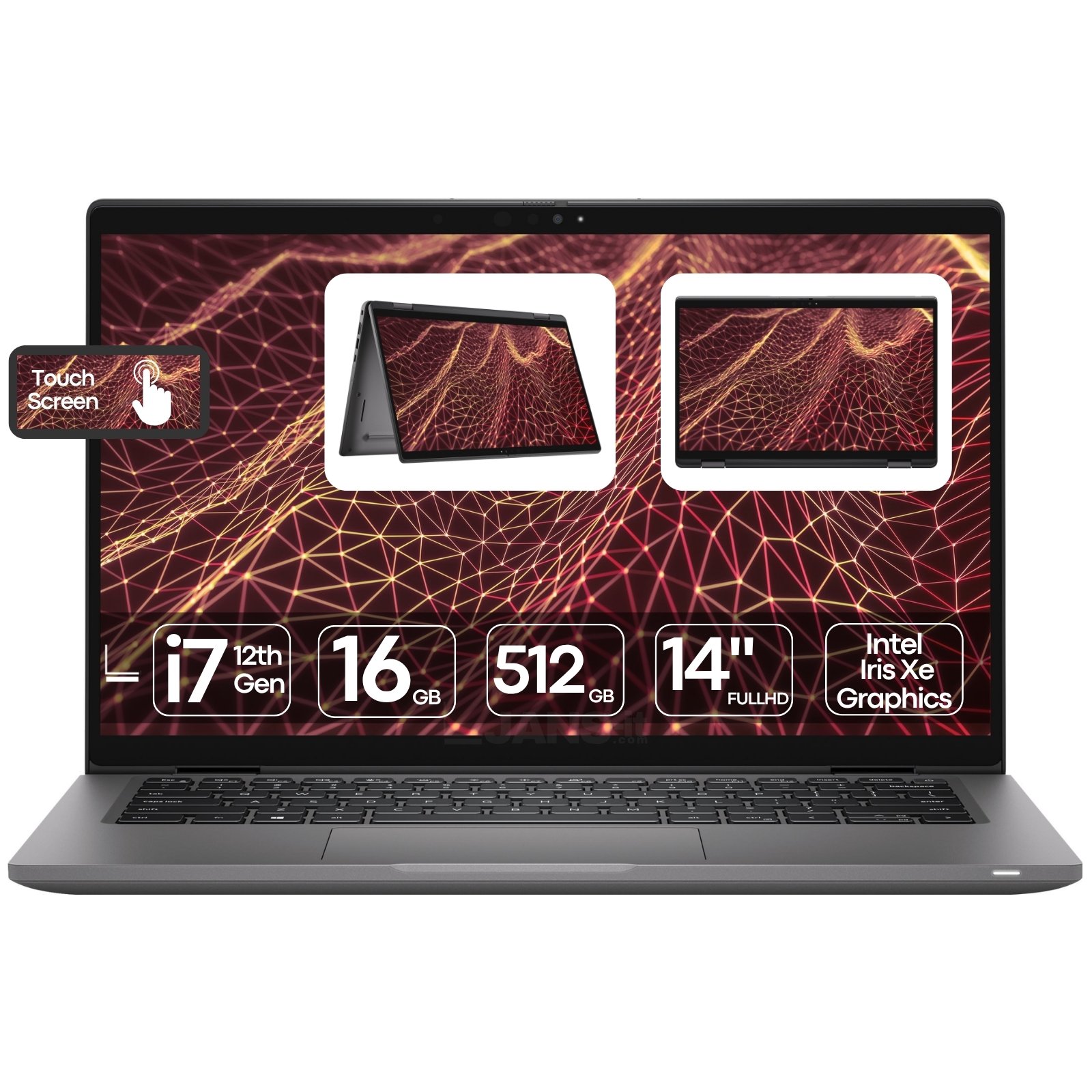 Portátil Dell Latitude 7430 i7 2-in-1 recondicionado JANSit – Portátil e tablet tátil profissional de 14 polegadas com processador Intel Core i7 e design versátil. Imagem frontal do ecrã tátil conversível Dell Latitude com garantia JANSit.