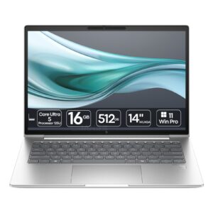 Portátil HP EliteBook 640 G11 Ultra 5 recondicionado JANSit – Portátil profissional de 14 polegadas com chassis em alumínio prateado, teclado retroiluminado e processador Intel Core Ultra 5. Imagem frontal do portátil aberto com garantia JANSit.