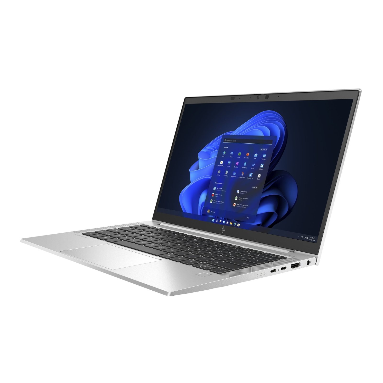 Portátil HP EliteBook 830 G8 recondicionado JANSit – Vista lateral direita do ultrabook prateado, mostrando o design fino, portas USB Tipo-A de alta velocidade, tomada de áudio e ranhura de segurança. Com garantia JANSit.