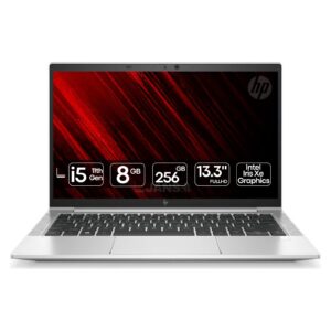 Portátil HP EliteBook 830 G8 i5 recondicionado JANSit – Ultrabook profissional compacto de 13.3 polegadas com chassis premium em alumínio prateado e processador Intel Core i5. Imagem frontal do portátil aberto com garantia JANSit.