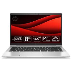 Portátil HP EliteBook 840 G8 recondicionado JANSit – Portátil profissional de 14 polegadas com processador Intel Core i5, 8GB de RAM e design ultrafino em alumínio. Imagem frontal do portátil aberto HP EliteBook G8 com garantia JANSit.