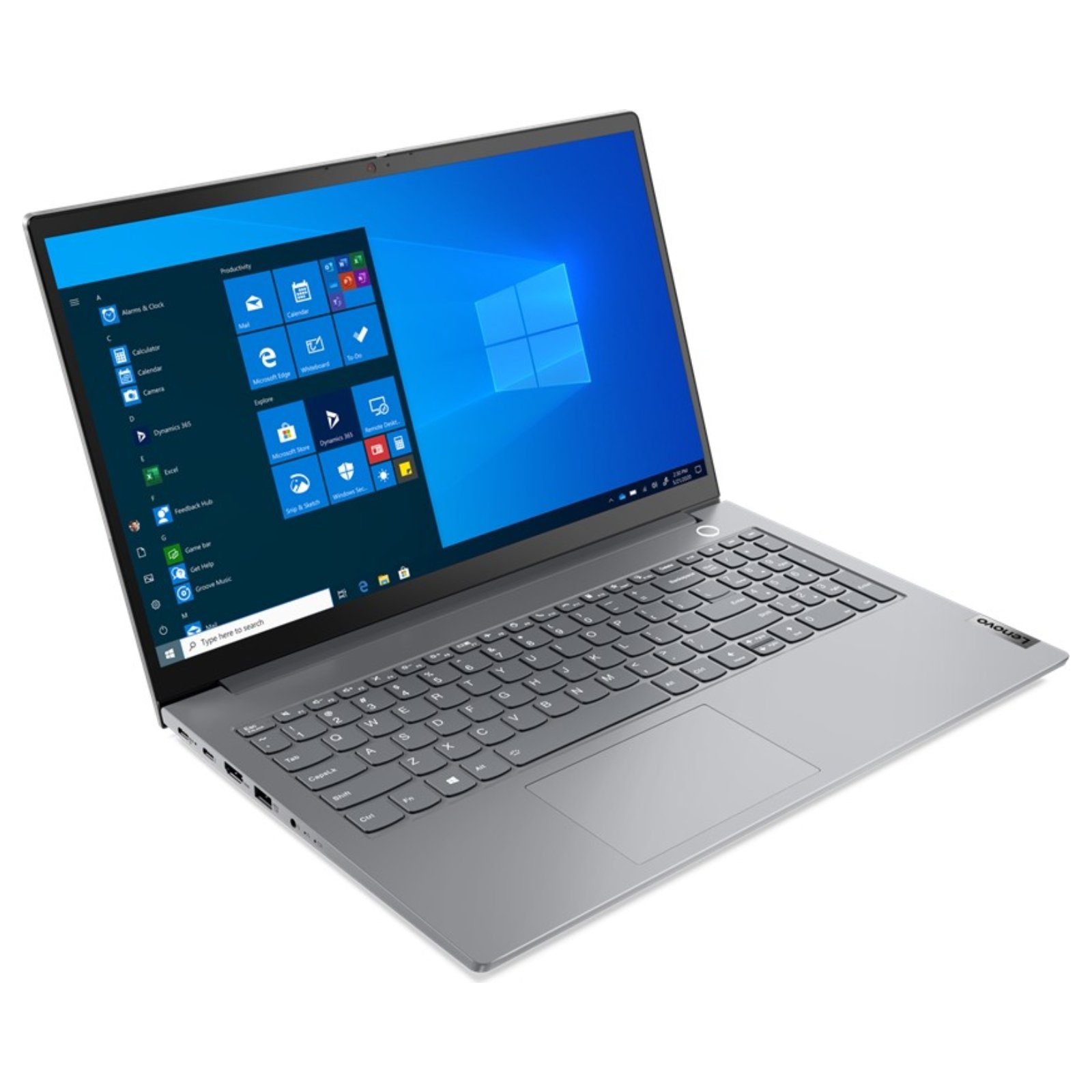 Portátil Lenovo ThinkBook 15 G2 recondicionado JANSit – Vista lateral esquerda do portátil empresarial, destacando o perfil fino, portas USB-C, saída HDMI e conexões de áudio. Com garantia JANSit.