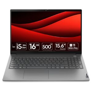Portátil Lenovo ThinkBook 15 G2 i5 recondicionado JANSit – Portátil elegante de 15.6 polegadas com chassis em alumínio, teclado numérico integrado e processador Intel Core i5. Imagem frontal do portátil aberto com garantia JANSit.