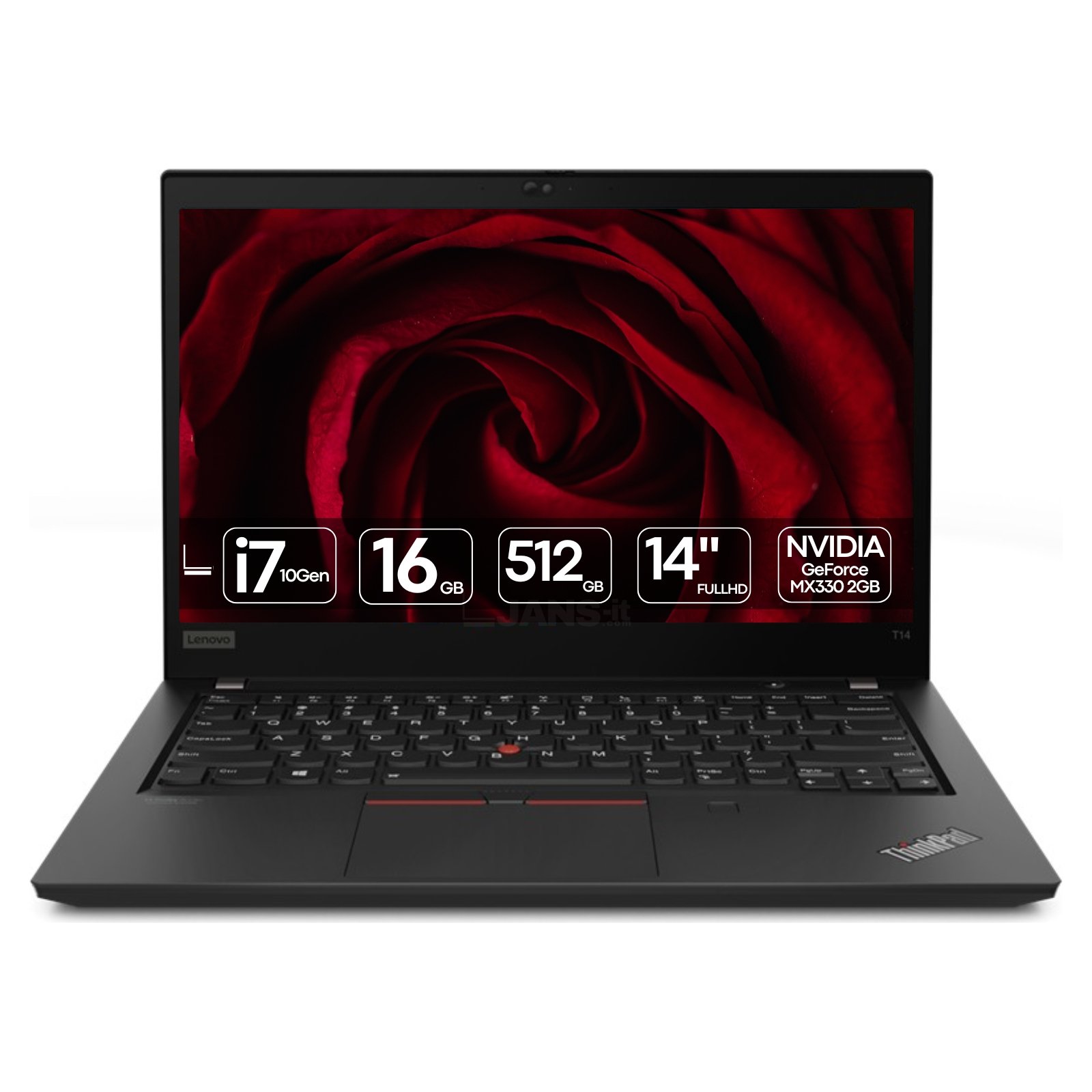 Portátil Lenovo ThinkPad T14 i7-10610u recondicionado JANSit – Portátil empresarial de 14 polegadas de alta durabilidade, com teclado ergonómico e processador Intel Core i7. Imagem frontal do portátil aberto com garantia JANSit.
