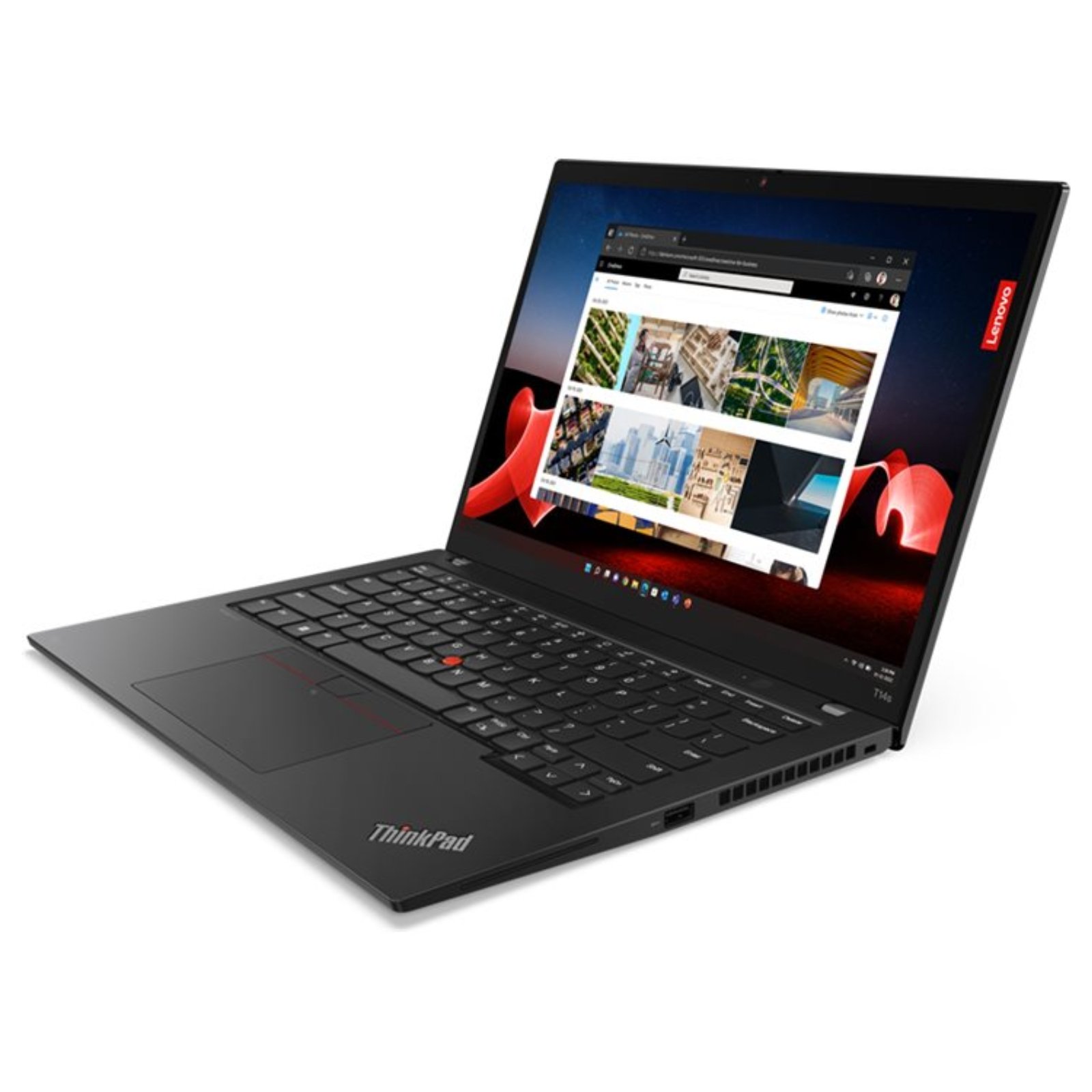 Portátil Lenovo ThinkPad T14s Gen 4 recondicionado JANSit – Perfil executivo fino com porta USB Tipo-A de alta velocidade e ranhura para cadeado de segurança Kensington. Vista lateral direita do portátil corporativo com garantia JANSit.