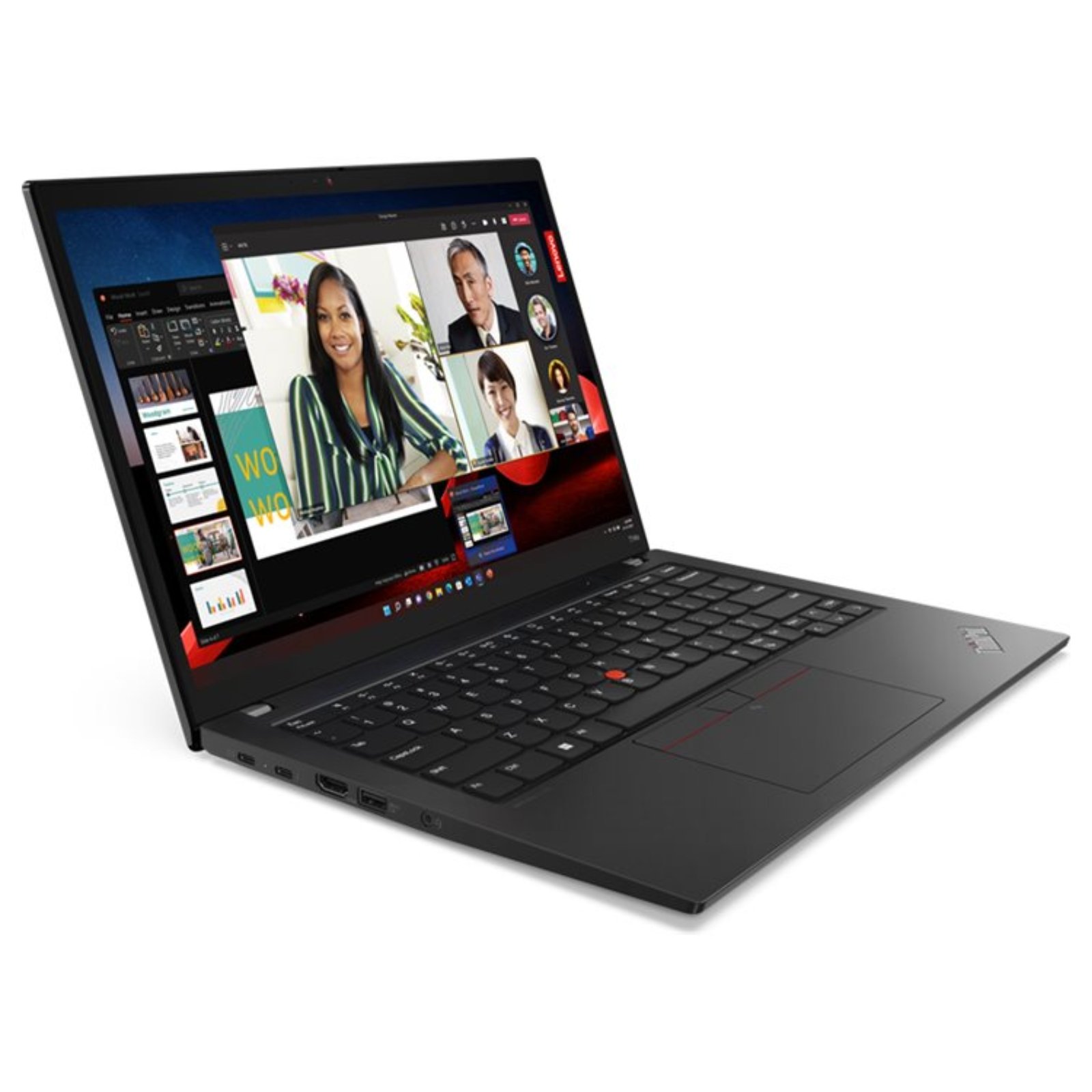 Portátil Lenovo ThinkPad T14s Gen 4 recondicionado JANSit – Perfil ultra-fino com detalhe das portas Thunderbolt 4, USB-C, HDMI e entrada de áudio. Vista lateral esquerda do portátil profissional leve com garantia JANSit.