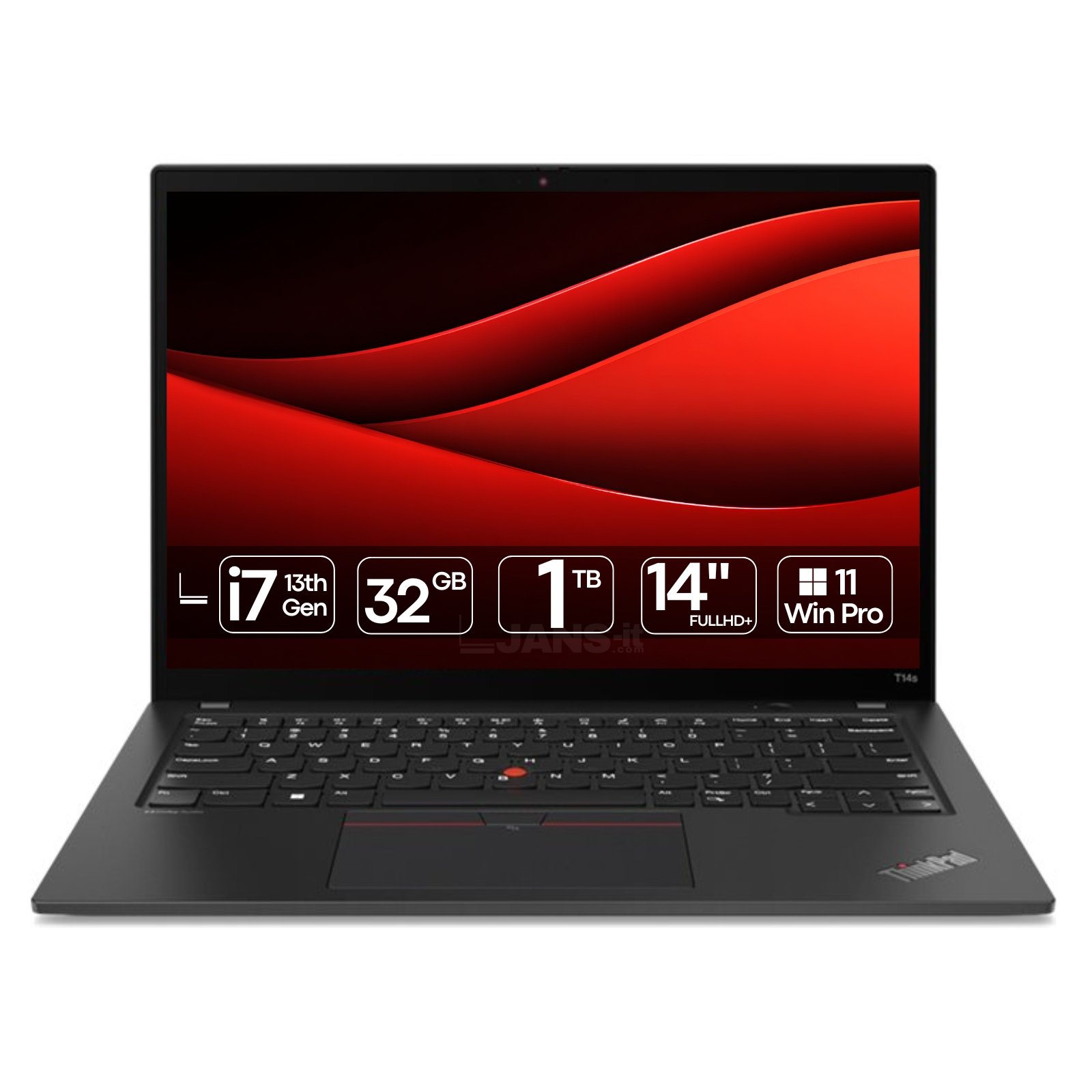 Portátil Lenovo ThinkPad T14s Gen 4 i7 recondicionado JANSit – Portátil profissional ultra-fino de 14 polegadas com alta performance Intel Core i7 e design premium leve. Imagem frontal do computador portátil aberto com garantia JANSit.